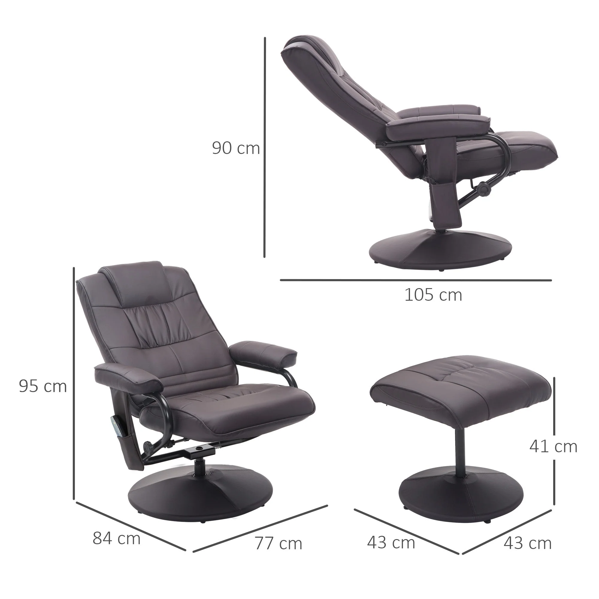 Massage Chair with Footstool Swivel Electric Recliner Remote Control, Faux Leather Brown - Image 3