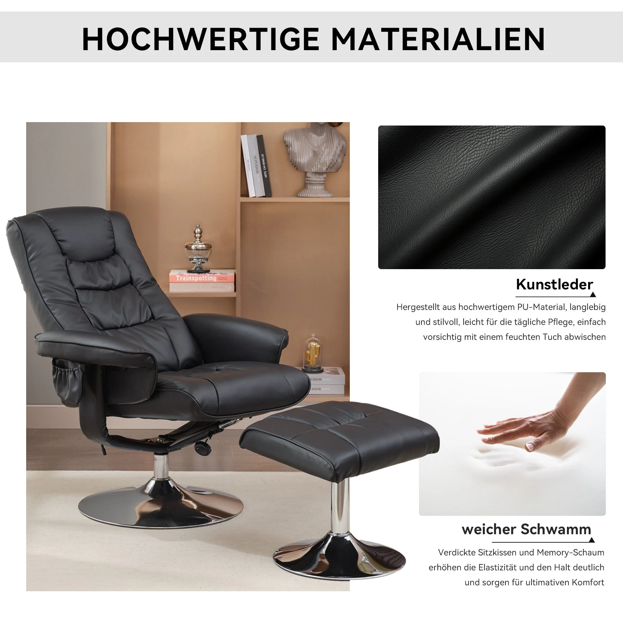 Massage Chair with Ottoman, 5-Point Massager, PU Upholstery, Black - Image 4
