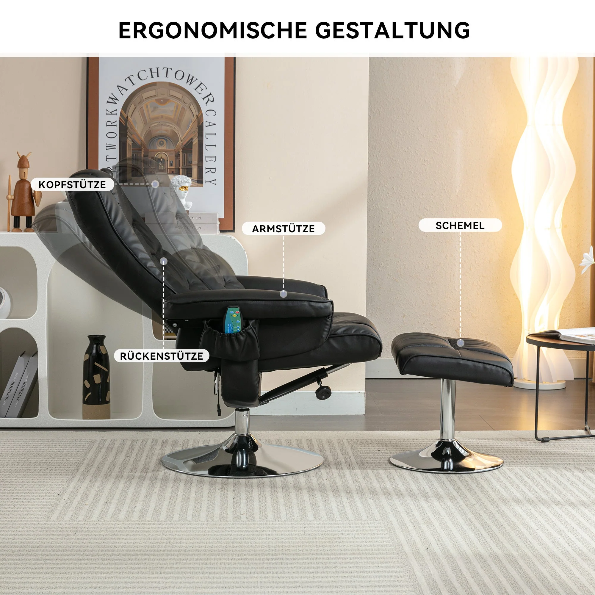 Massage Chair with Ottoman, 5-Point Massager, PU Upholstery, Black - Image 5