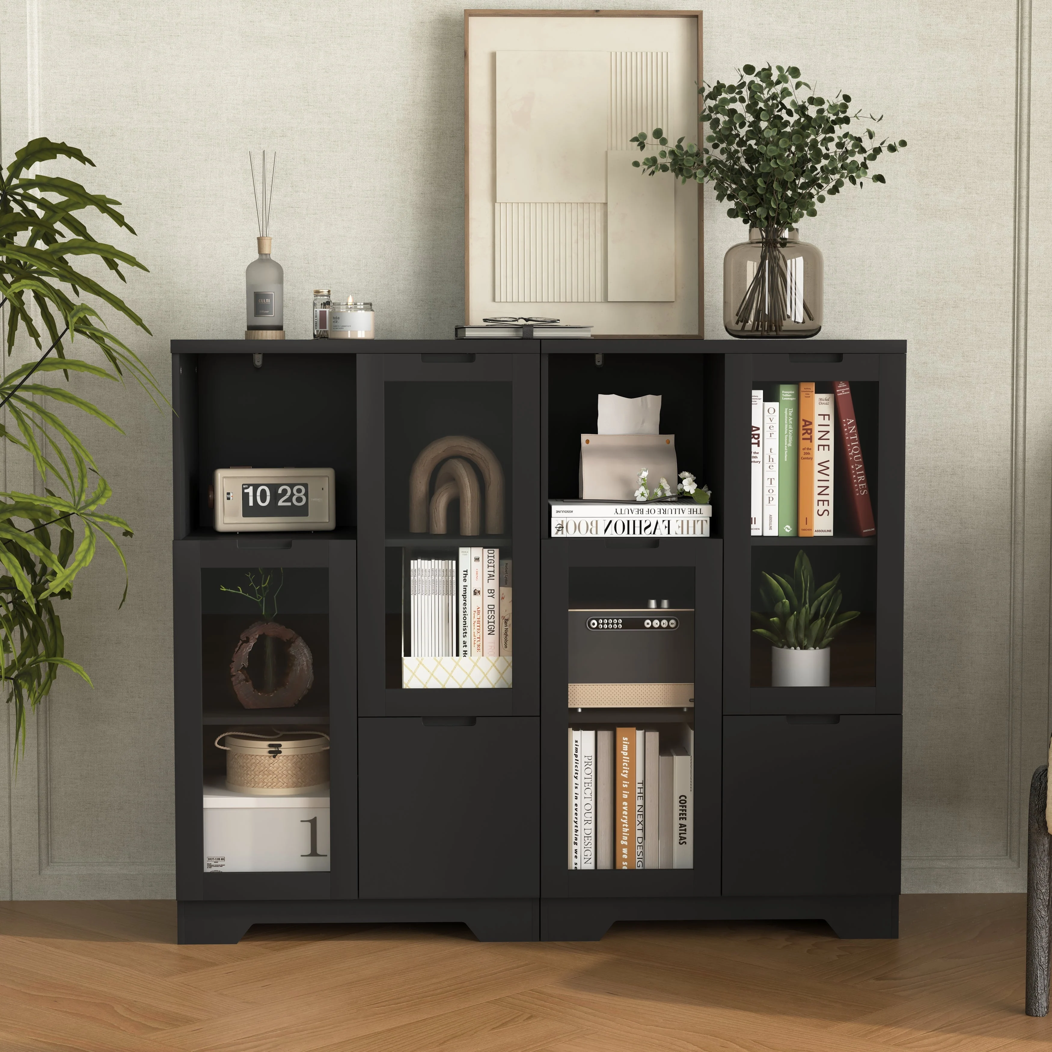 MDF Cabinet Glass Doors Drawer Open Storage - Black - Image 10