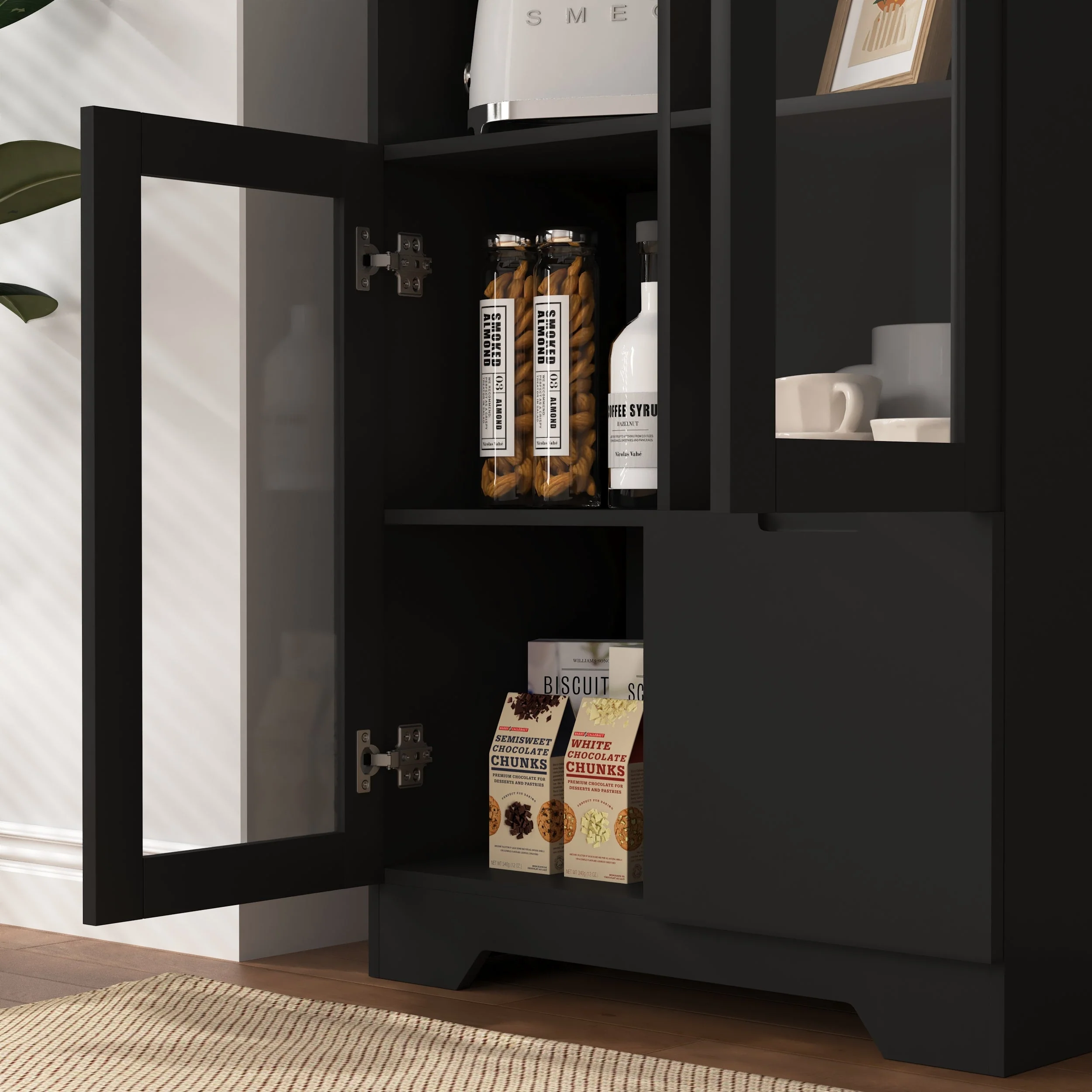 MDF Cabinet Glass Doors Drawer Open Storage - Black - Image 5