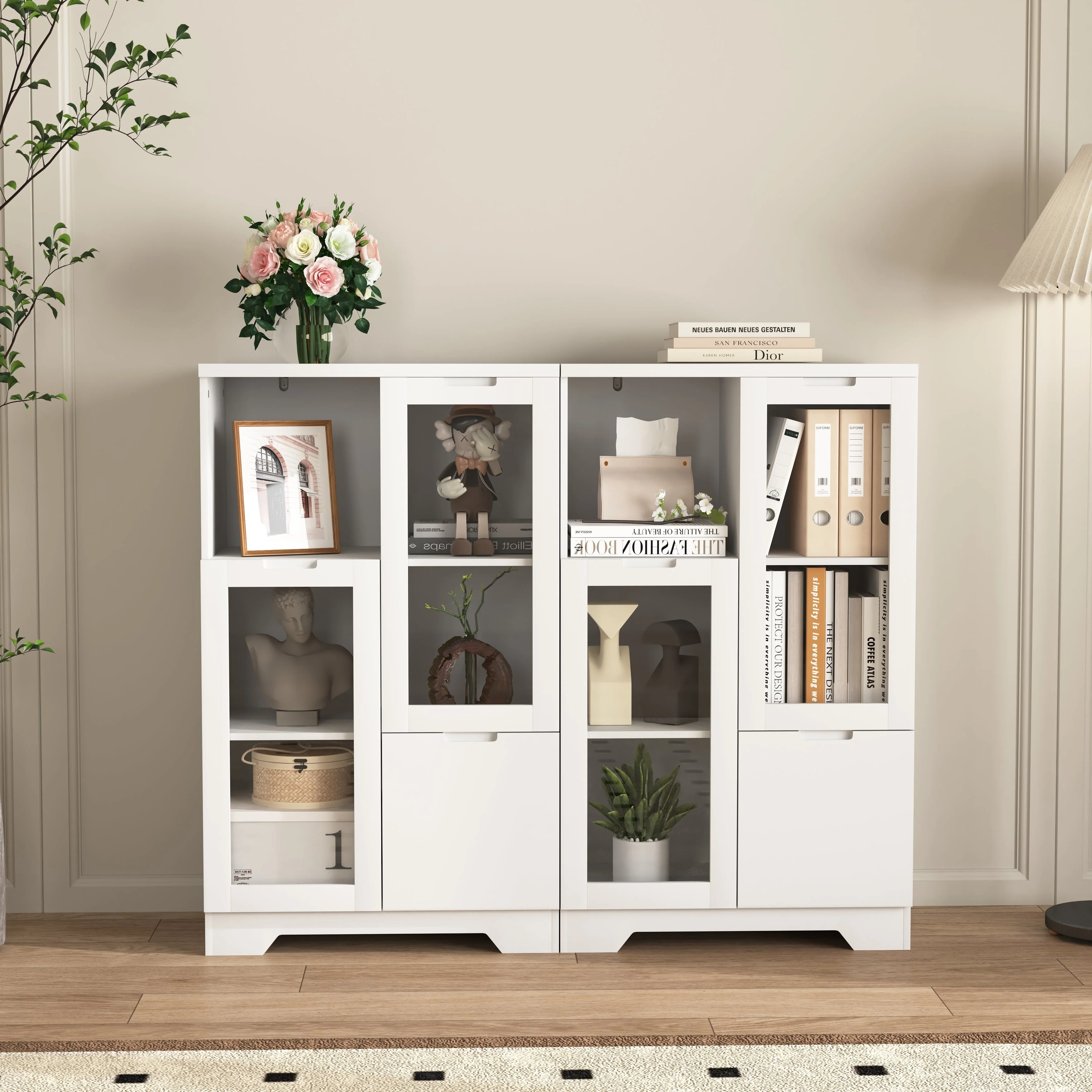 MDF Storage Cabinet with Glass Doors and Drawer, White - Image 8