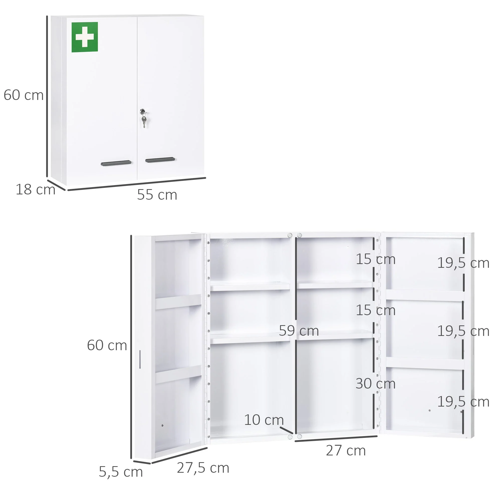 Medicine Cabinet 2-Door 6 Shelves Wall-Mounted Steel White 55x18x60cm - Image 3
