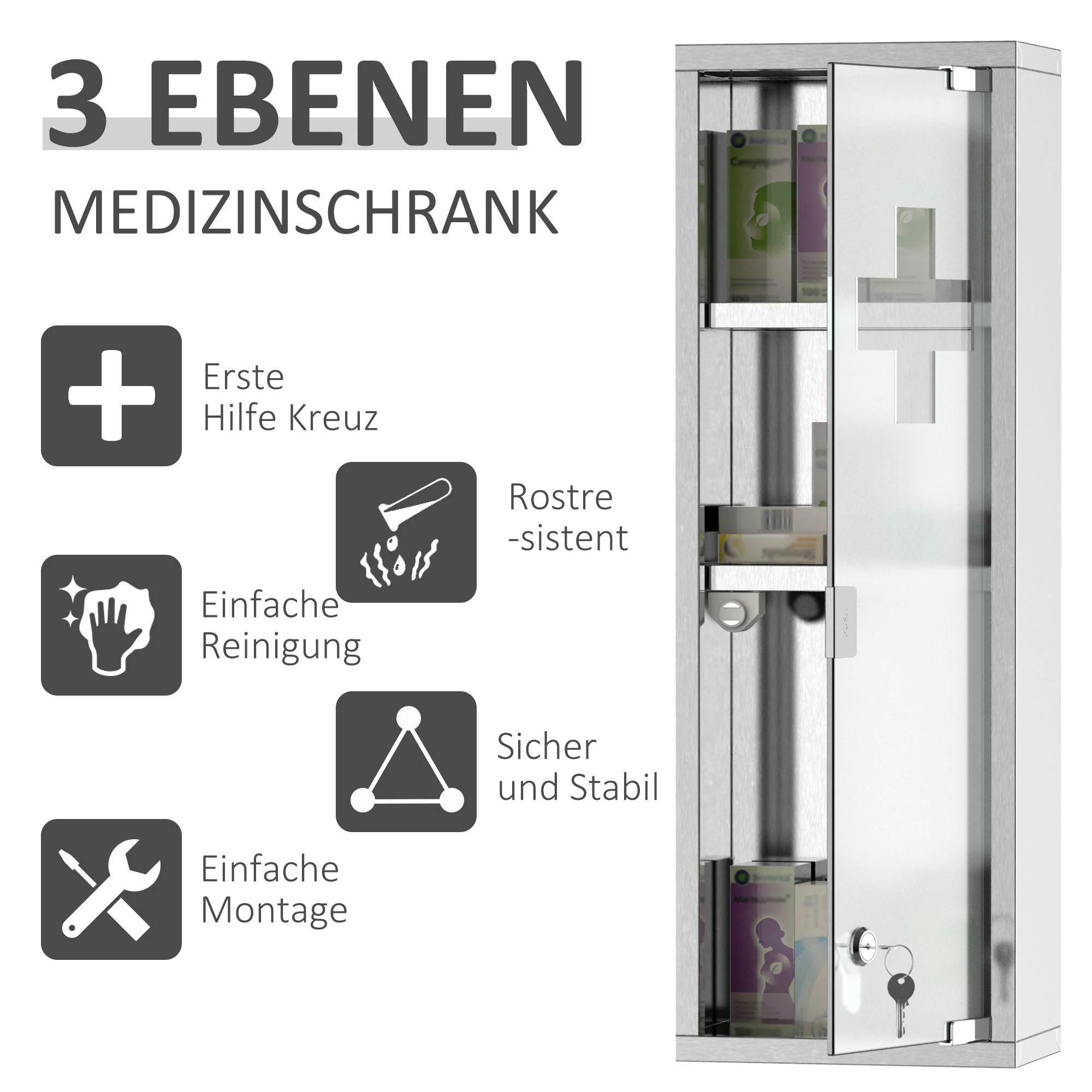 Medicine Cabinet First Aid Cabinet 20x12x58cm Home Office Stainless Steel Silver - Image 6