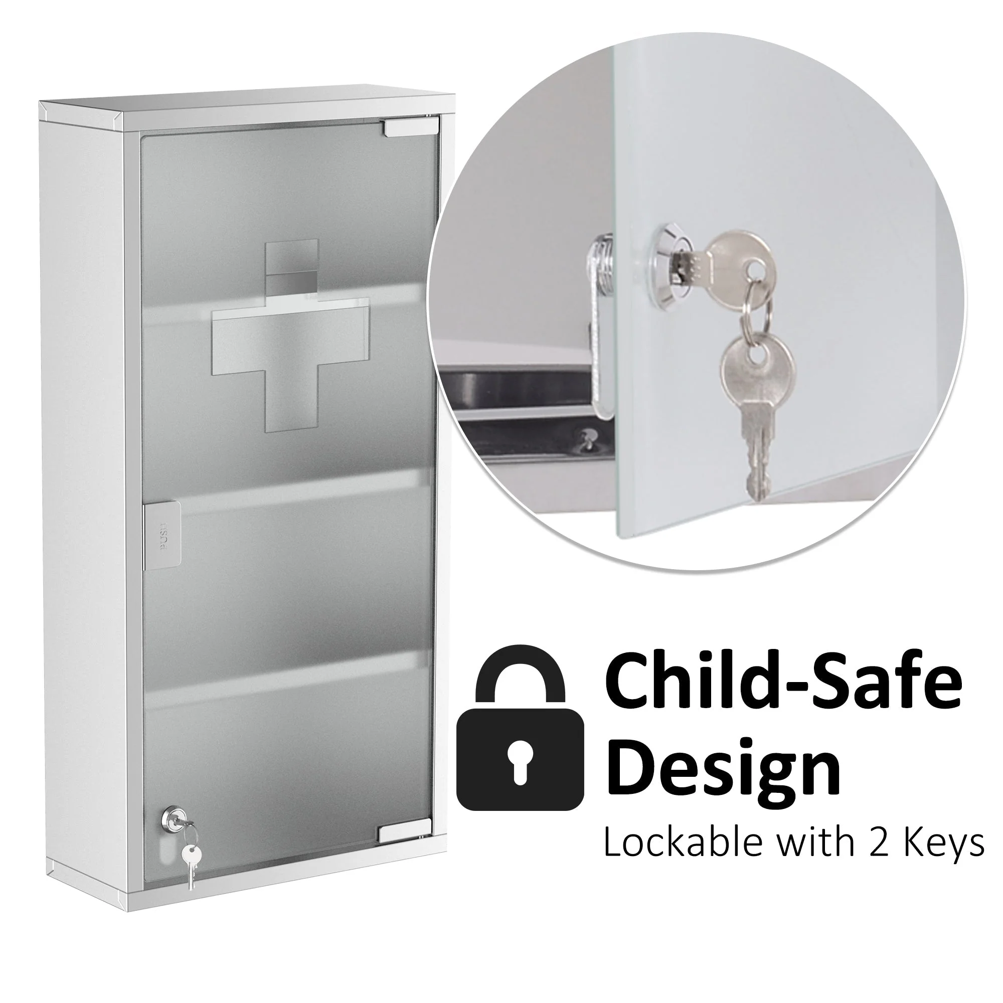 Medicine Cabinet First Aid with Lock 30x12x60cm Stainless Steel - Image 5