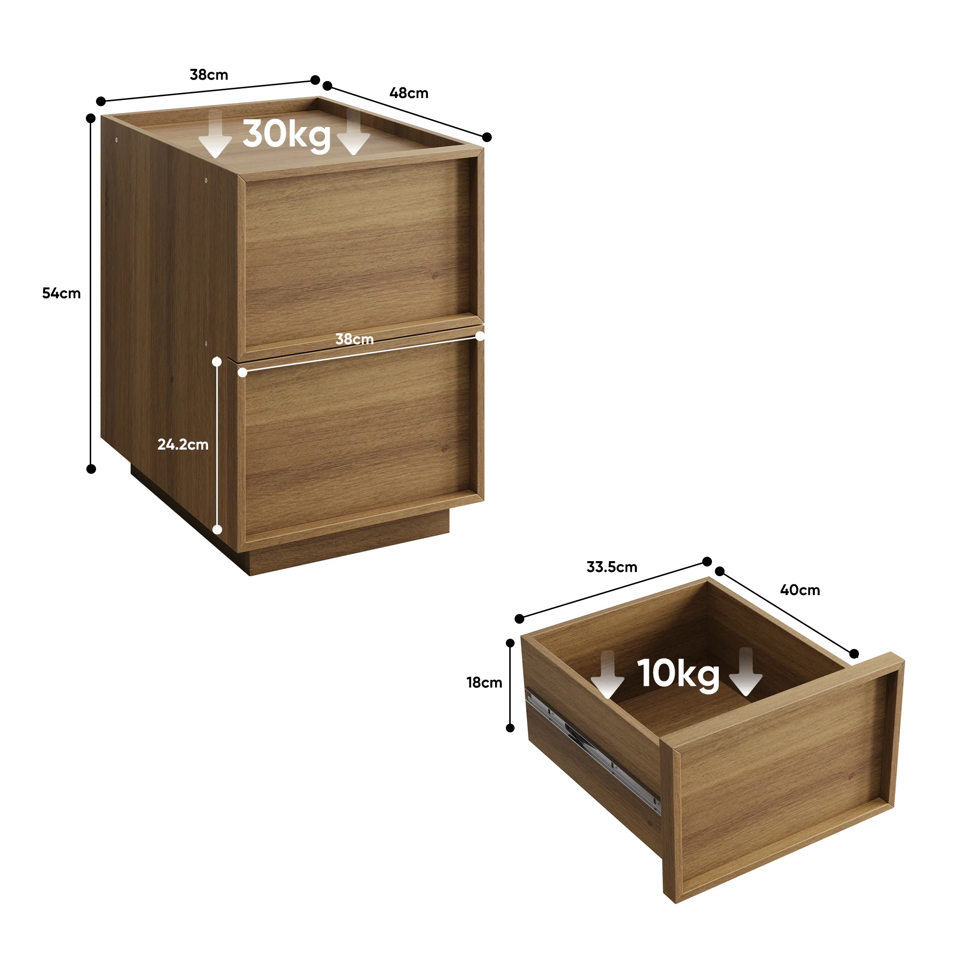 Medieval-Modern Bedside Table with 2 Handleless Drawers and Metal Rails, Oak Look MDF - Image 2