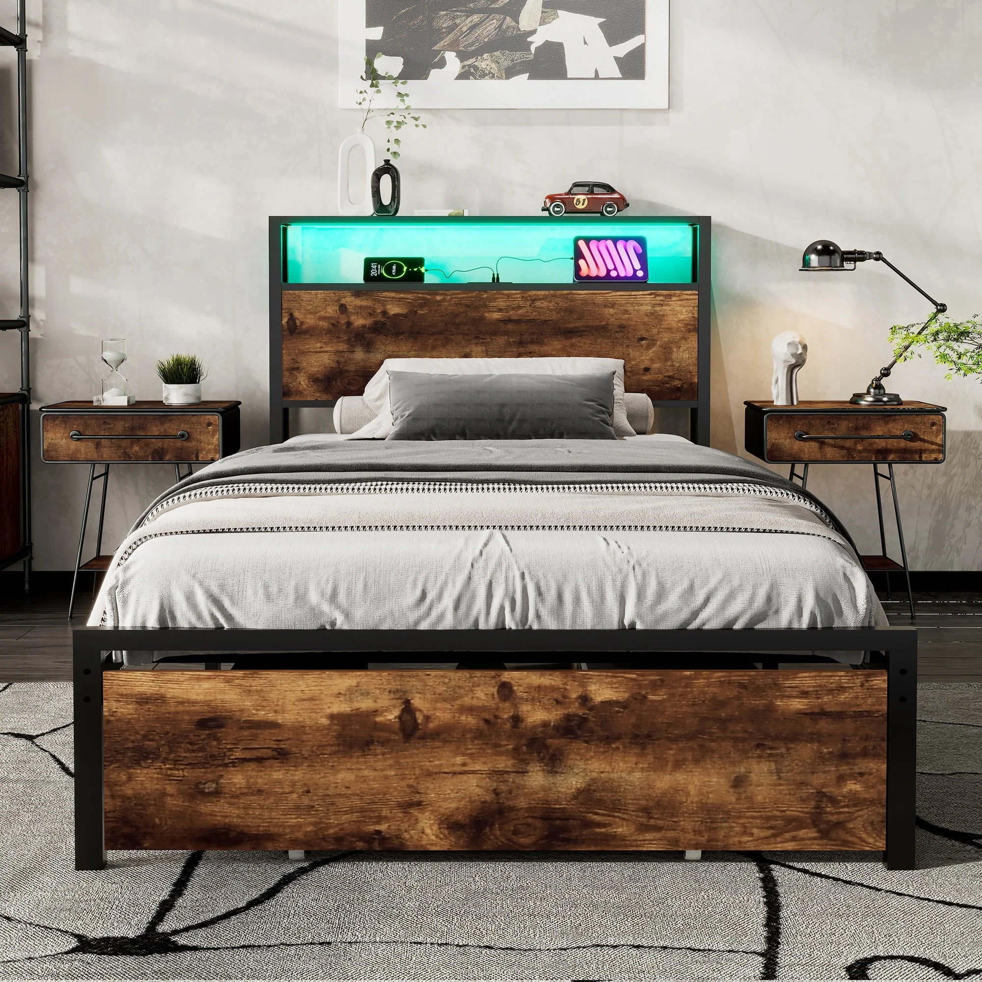 Metal Bed, 3FT Single with LED Light Strip & Drawer, Black & Walnut - Image 3