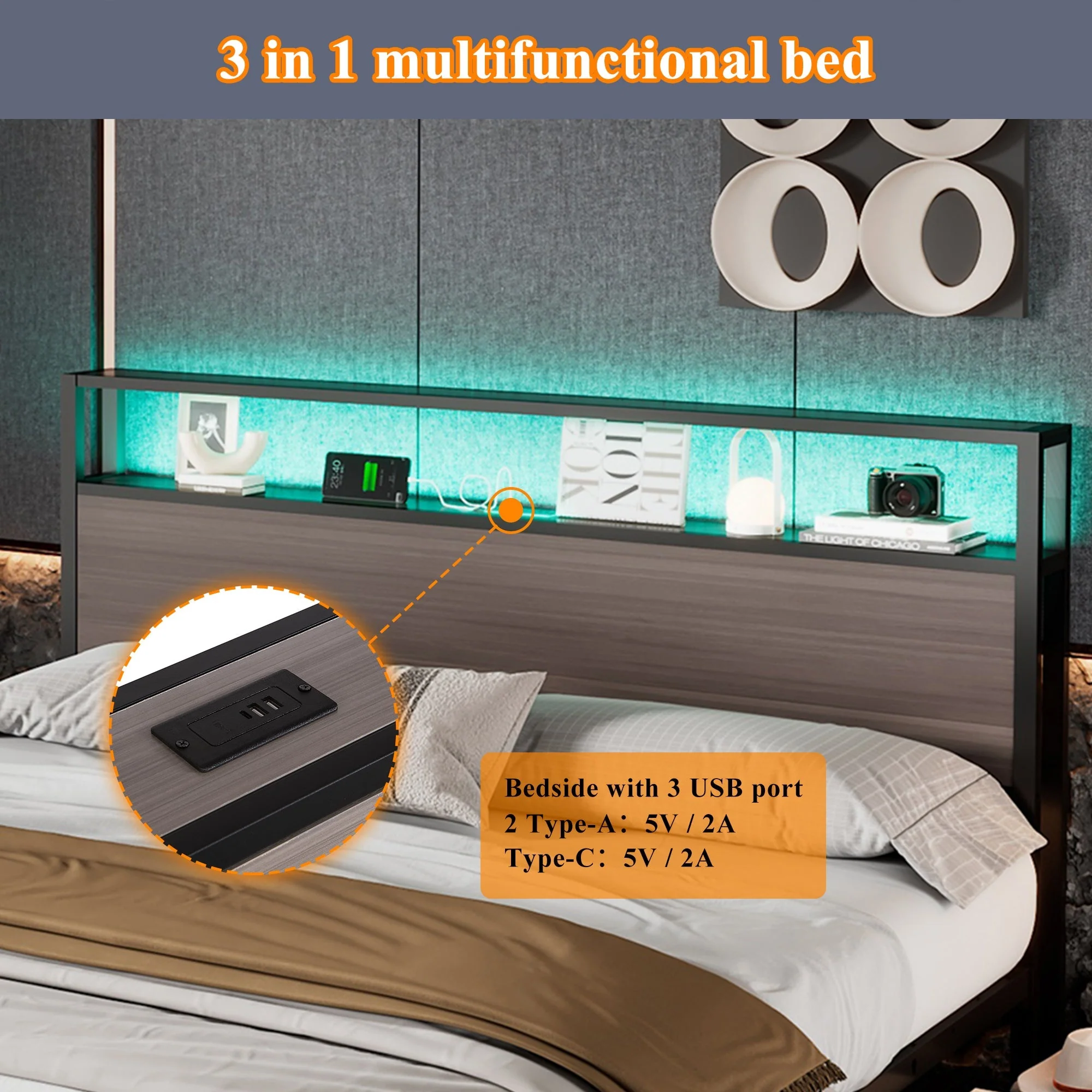 Metal Bed, 4ft6 Double with LED Lights, 4 Drawers, and USB/Type C Ports, Wrought Iron Grey - Image 6