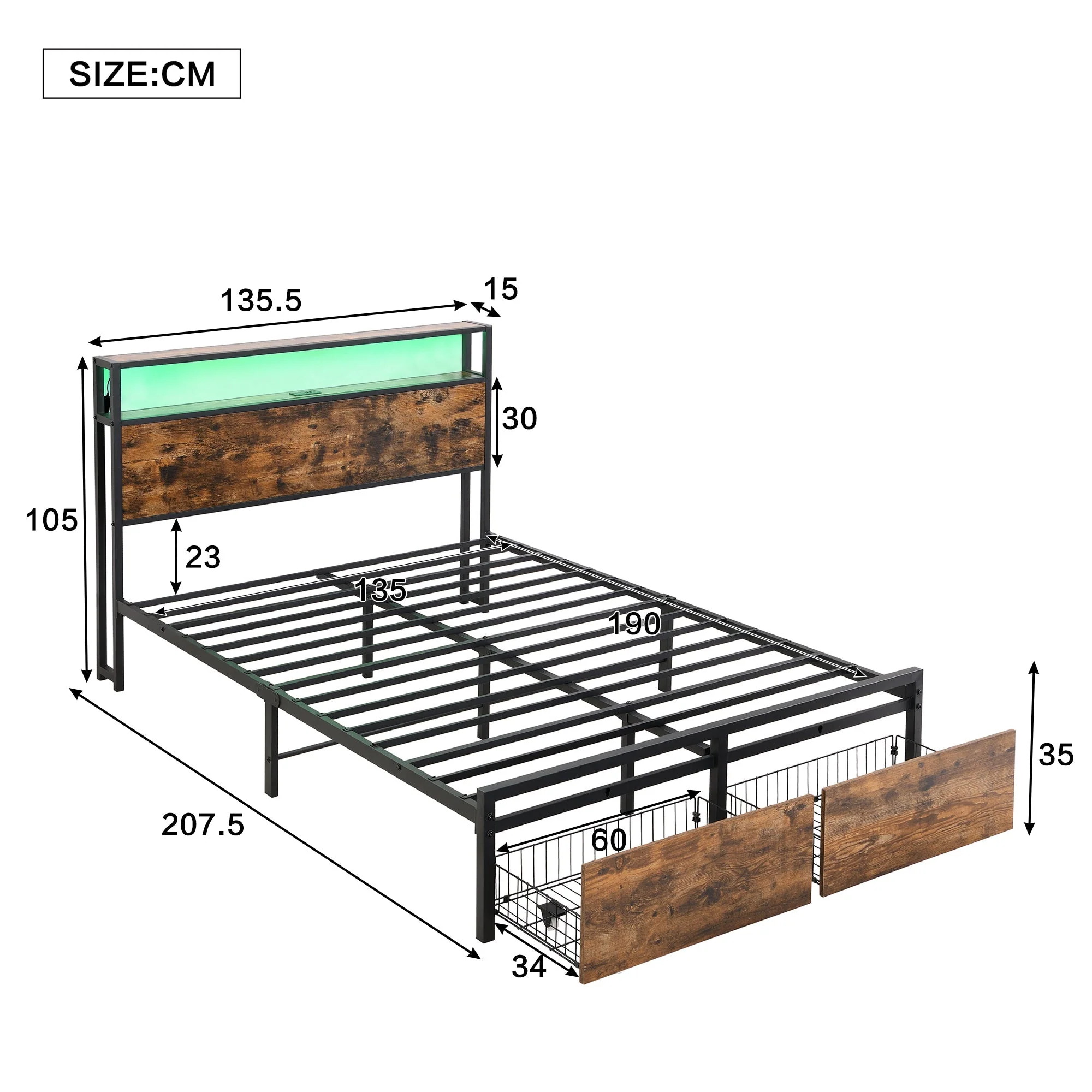 Metal Bed, 4ft6 Double with LED Strip, 2 Drawers & USB Ports, Black+Walnut Wrought Iron - Image 4
