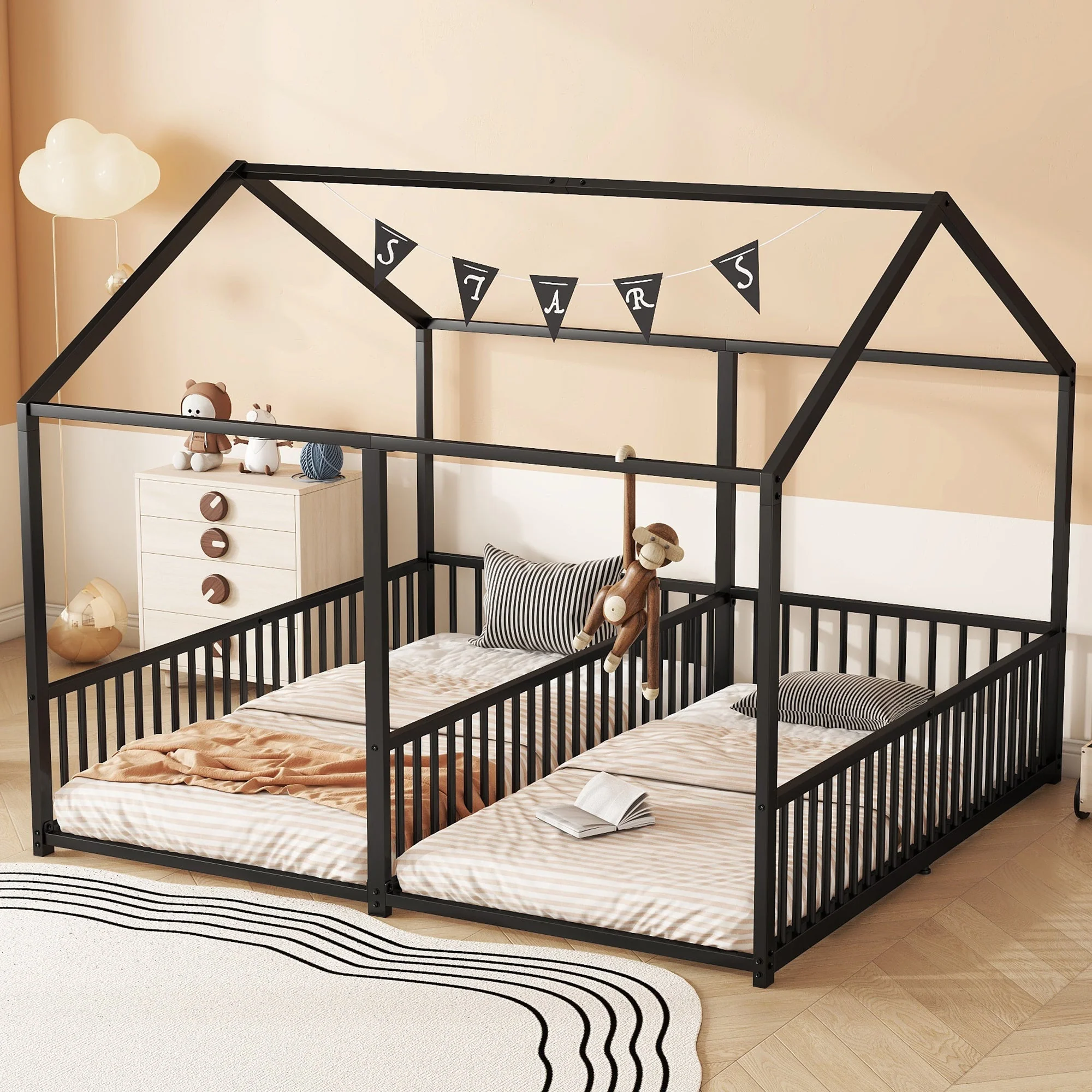 Metal Bed 90x200cm House Design Ladder - Black Iron Frame - Image 3