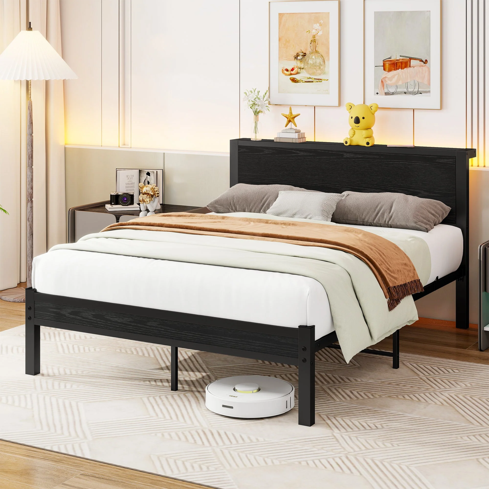 Metal Bed Frame 140x200cm Storage Headboard Noiseless - Black - Image 2