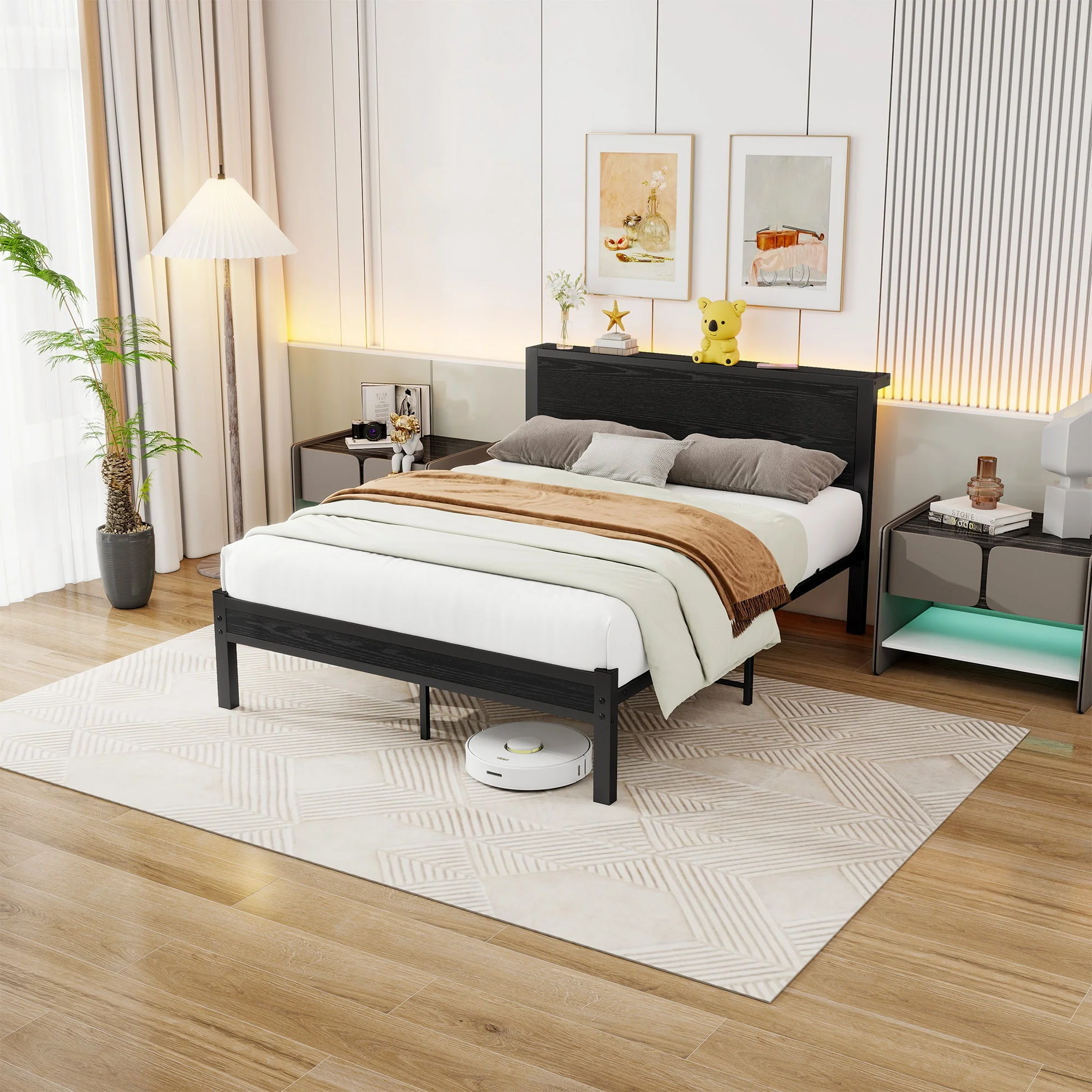 Metal Bed Frame 140x200cm Storage Headboard Noiseless - Black - Image 3