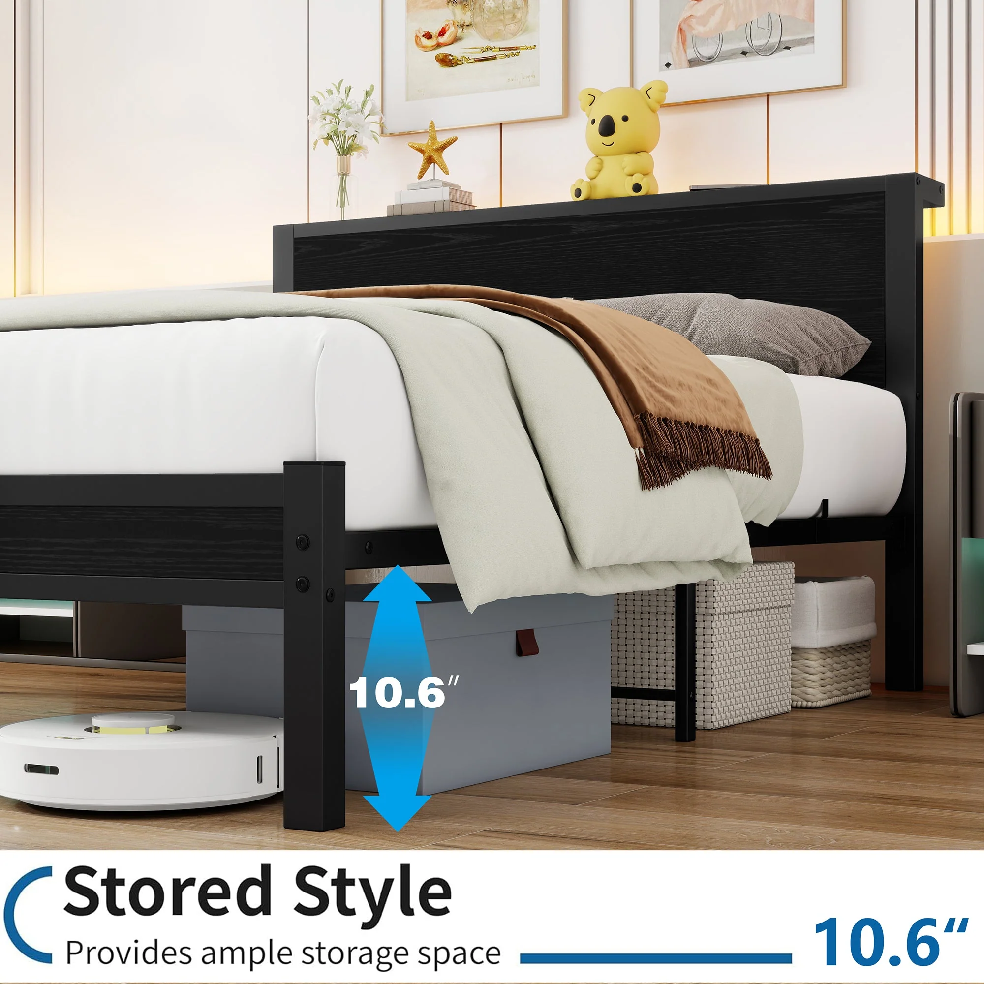 Metal Bed Frame 140x200cm Storage Headboard Noiseless - Black - Image 5
