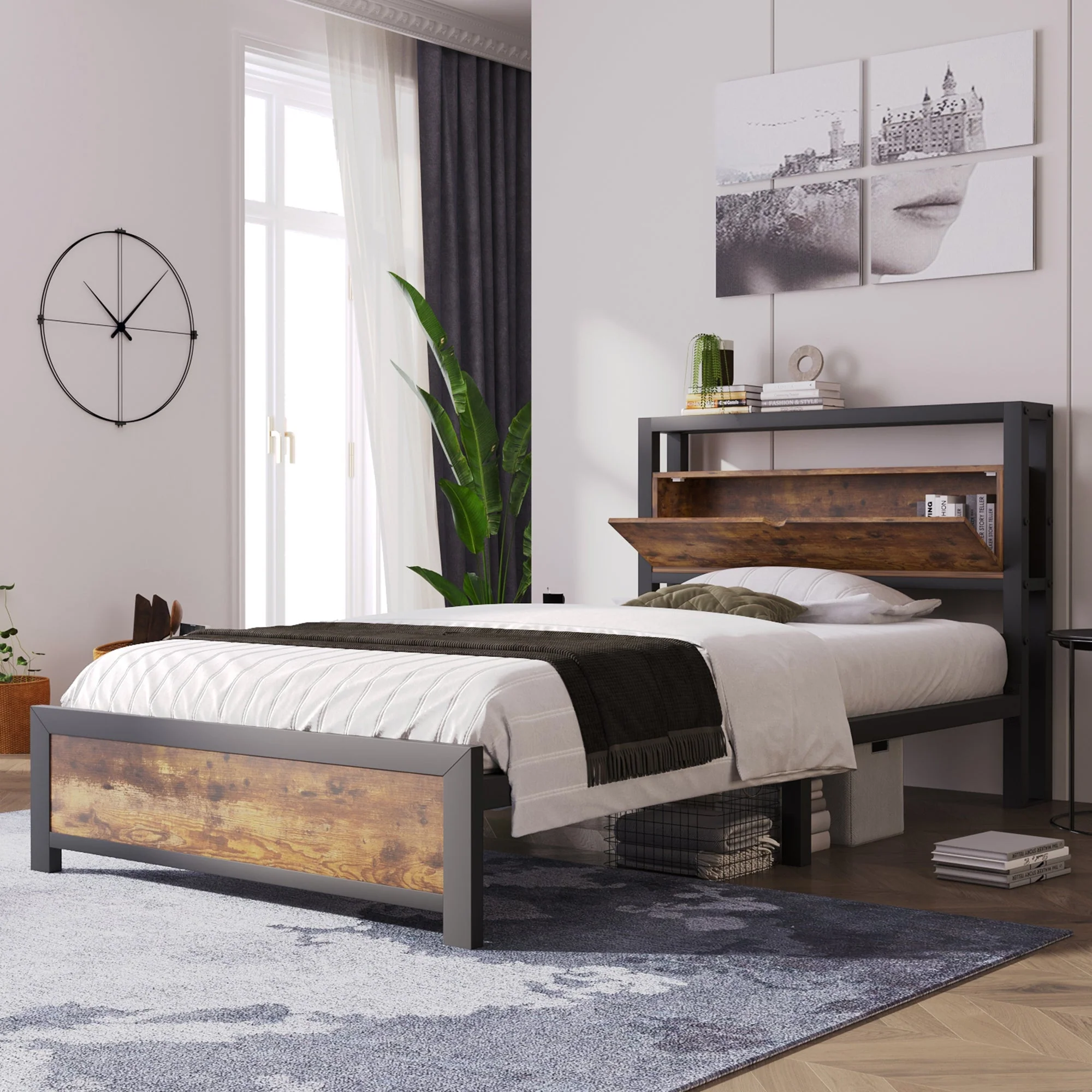Metal Bed Single 90 x 200 cm with Storage Headboard, Black Steel - Image 11