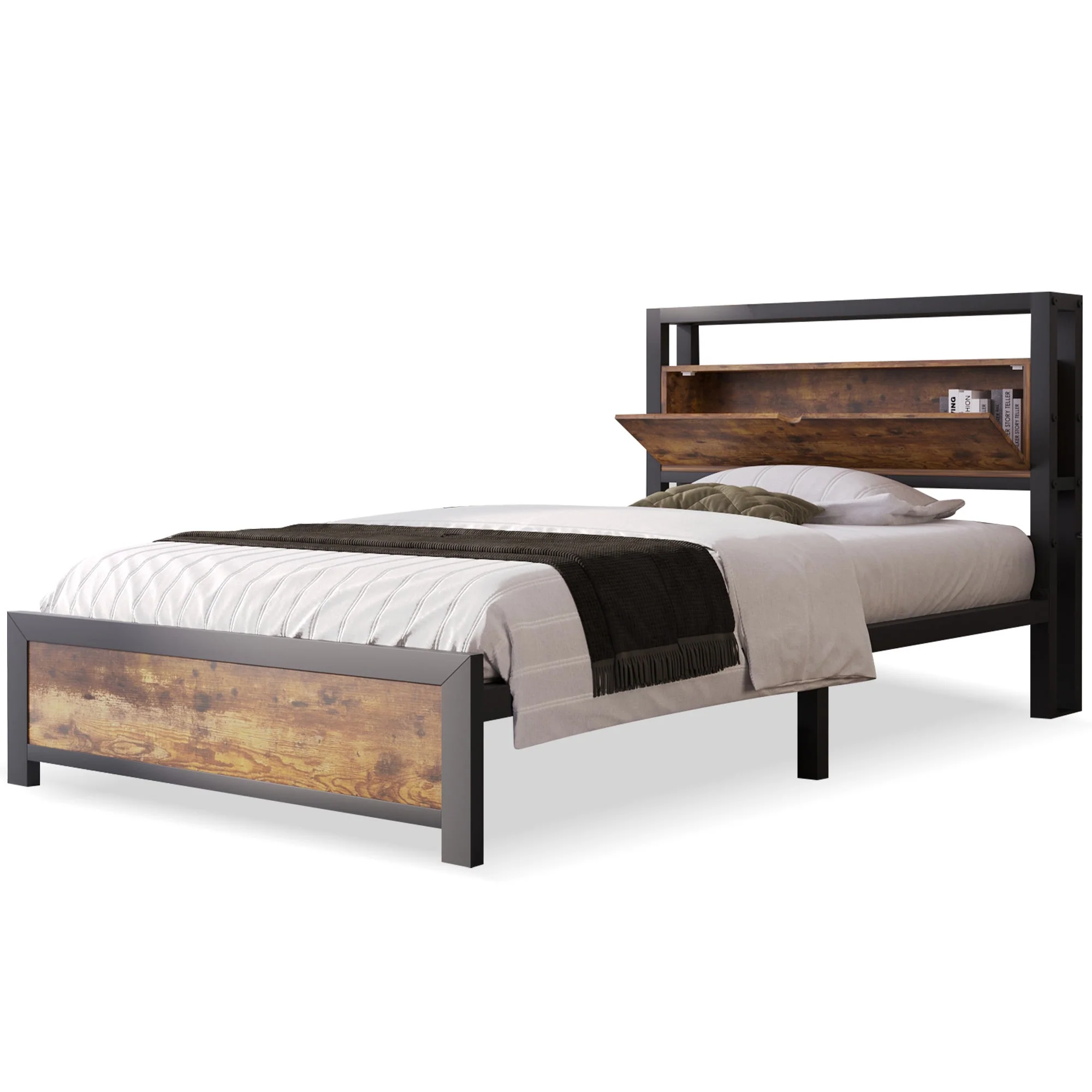 Metal Bed Single 90 x 200 cm with Storage Headboard, Black Steel - Image 12