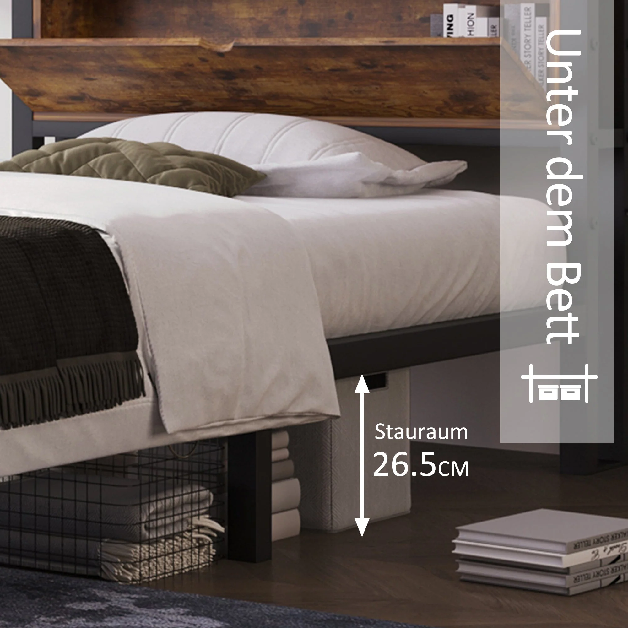 Metal Bed Single 90 x 200 cm with Storage Headboard, Black Steel - Image 6