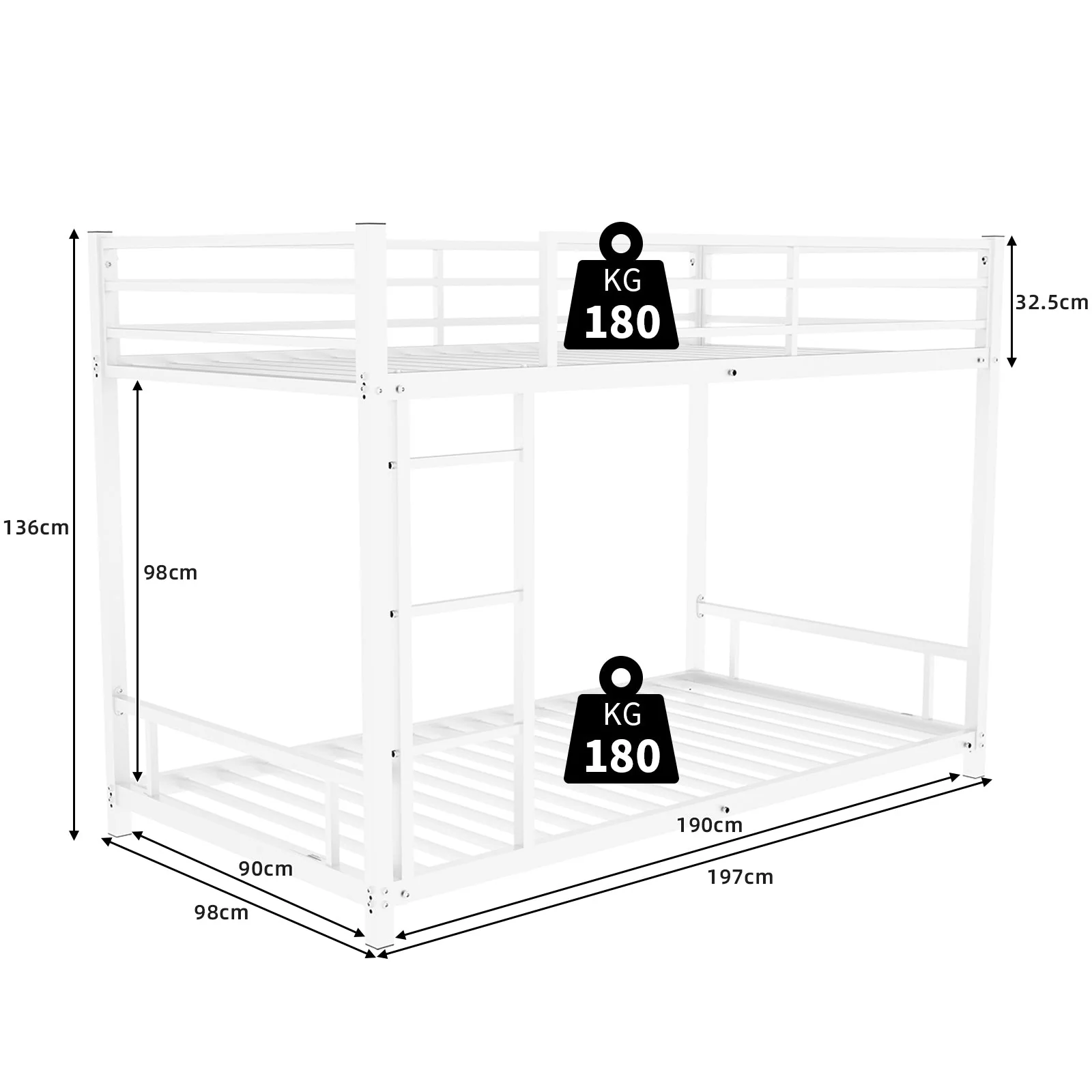 Metal Bunk Bed Twin Single Heavy Stable Low Noise Safety Railing, Metal - Image 7