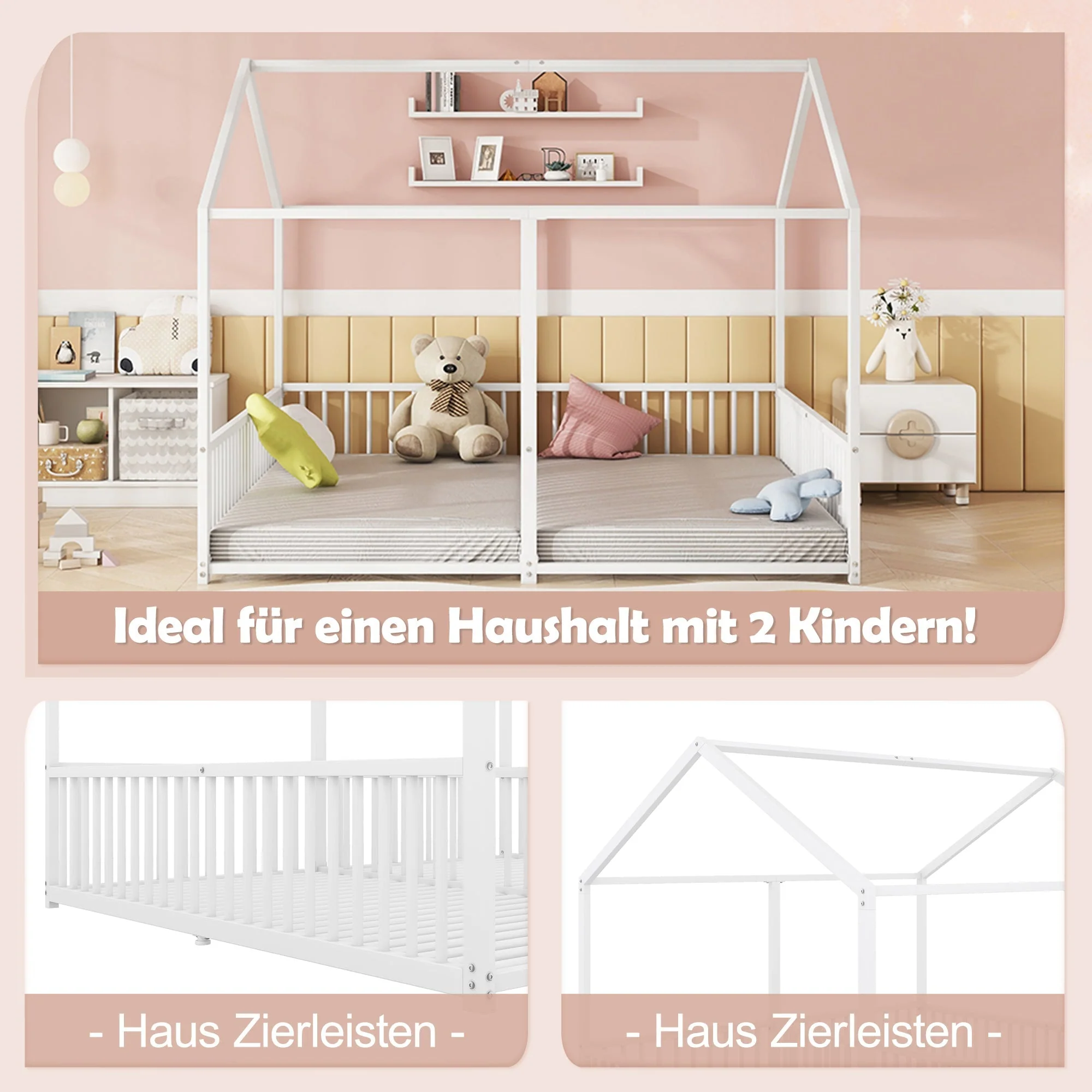Metal Children's Bed 90x200cm House Design Railing Ladder - White - Image 2