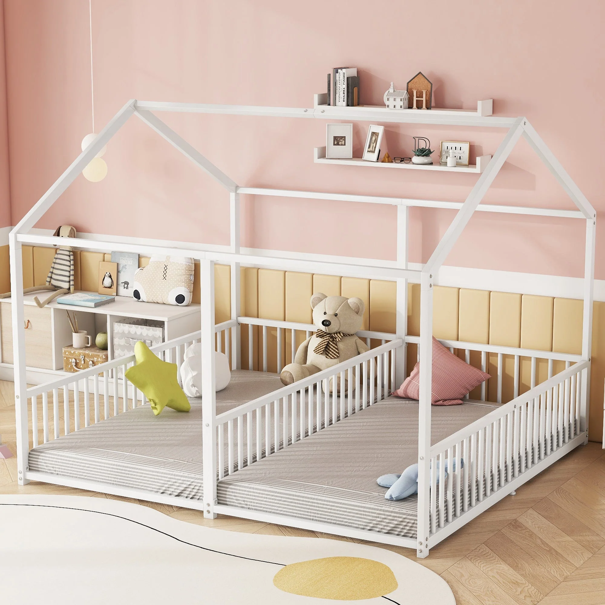 Metal Children's Bed 90x200cm House Design Railing Ladder - White - Image 3