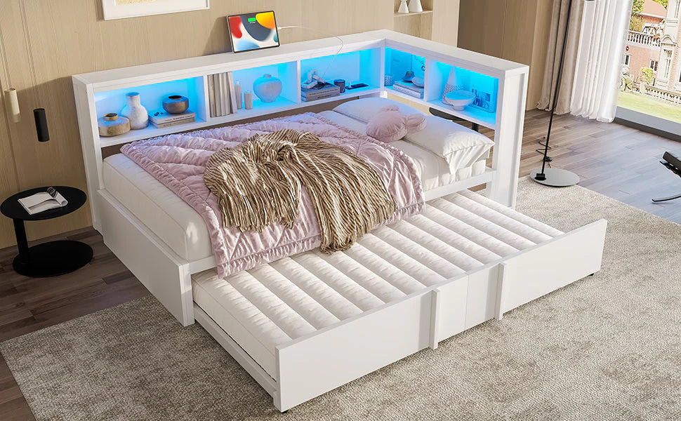 Metal Daybed 90x200cm Pull-out Bed Storage Cabinets LED USB White - Image 8