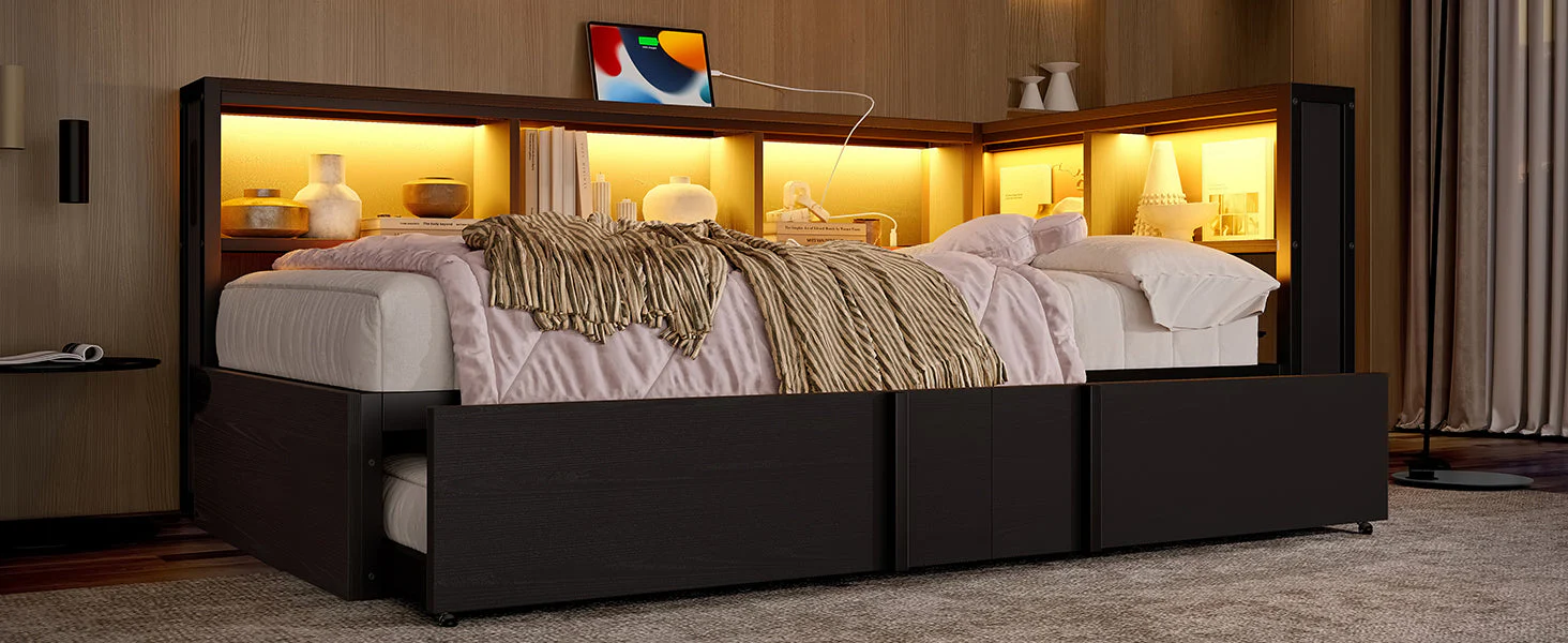 Metal Daybed with Pull-out Bed, Storage Cabinets, LED Lighting and USB Ports, 90x200cm, Black Metal - Image 6