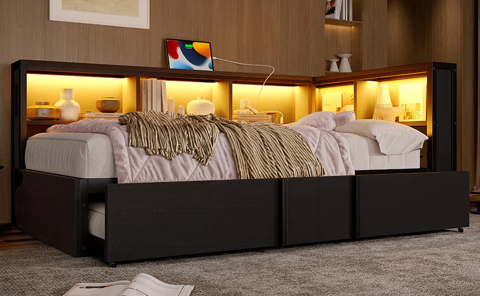 Metal Daybed with Pull-out Bed, Storage Cabinets, LED Lighting and USB Ports, 90x200cm, Black Metal - Image 7