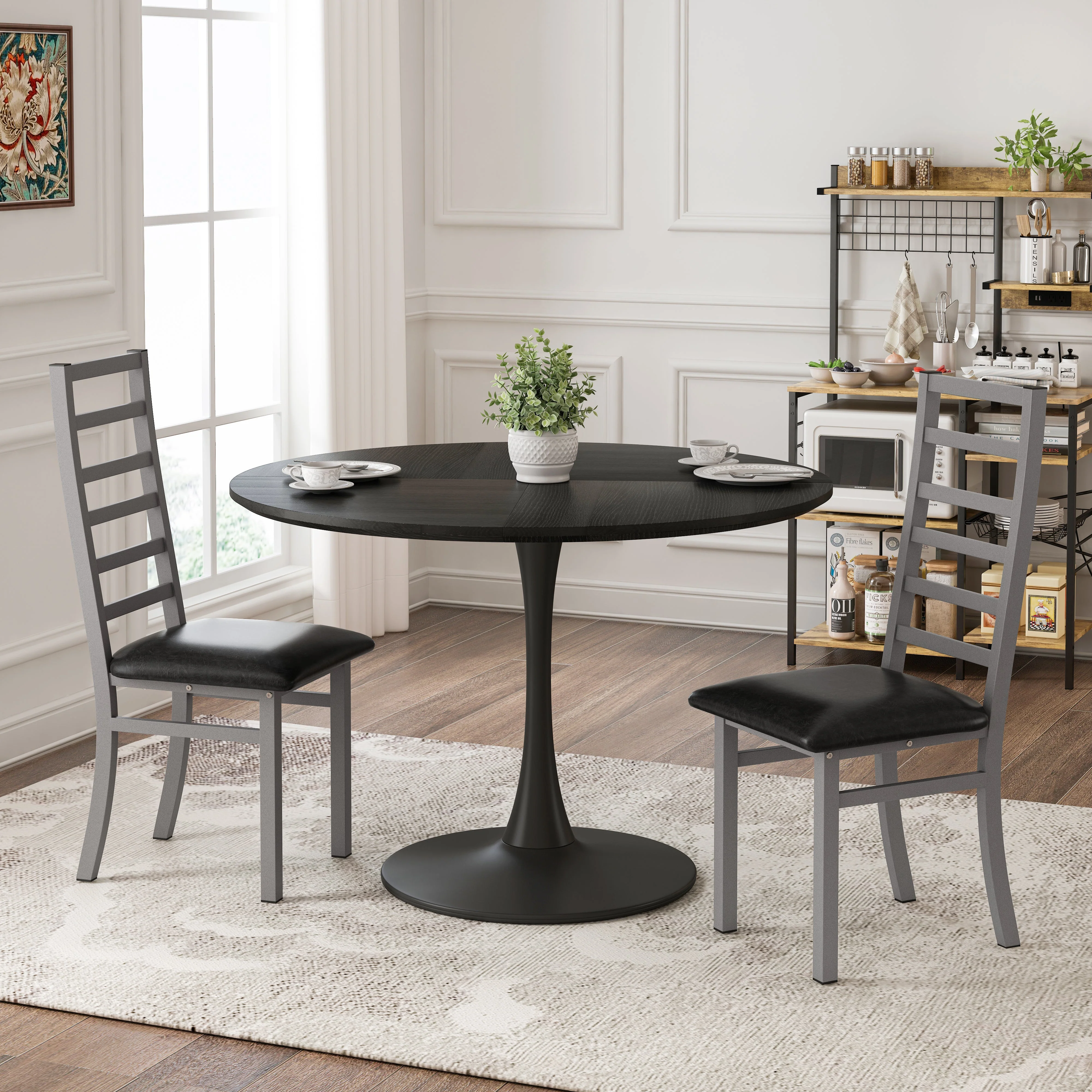 Metal Dining Chairs, Set of 2, High Back Armless, Steel & PU Leather, Grey - Image 2