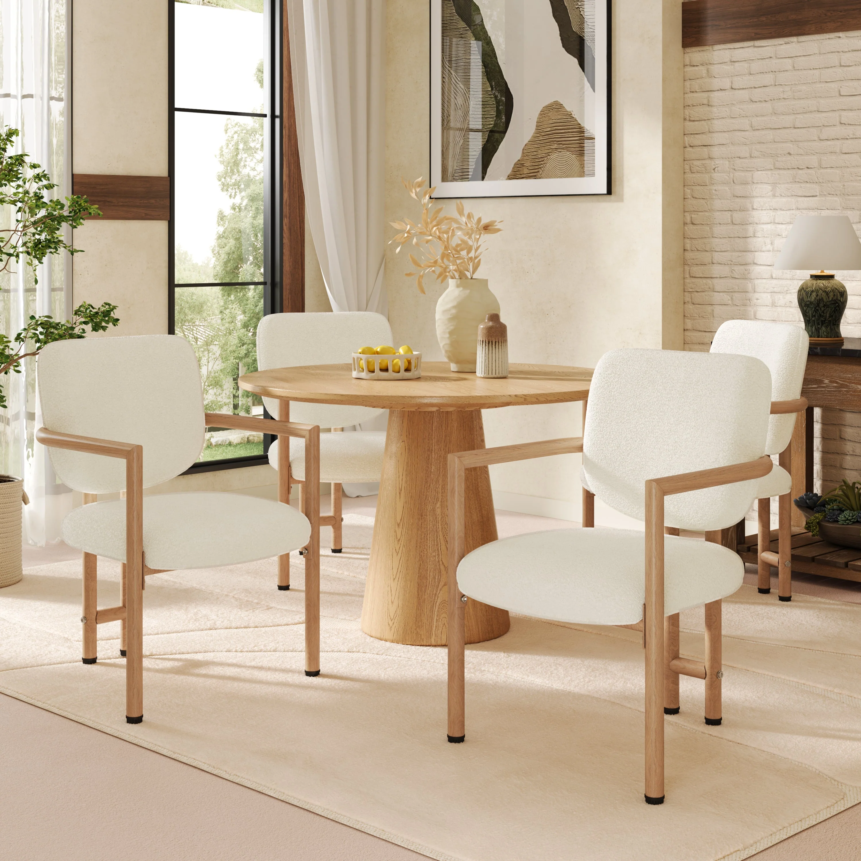 Metal Dining Chairs Set of 6, Modern Wood Look, Natural Bouclé - Image 2