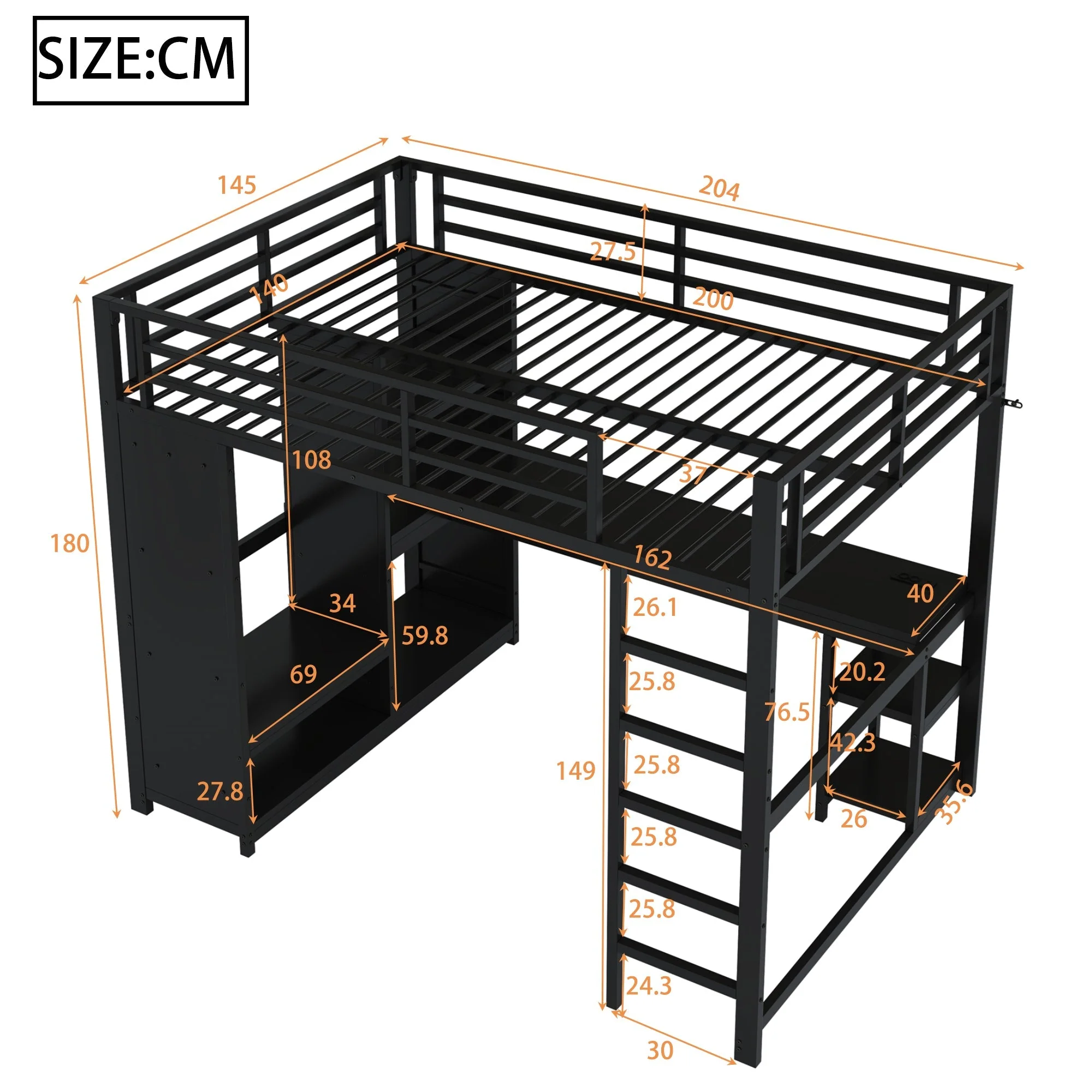 Metal Gaming Loft Bed 140x200 LED Desk Wardrobe Storage - Black - Image 4