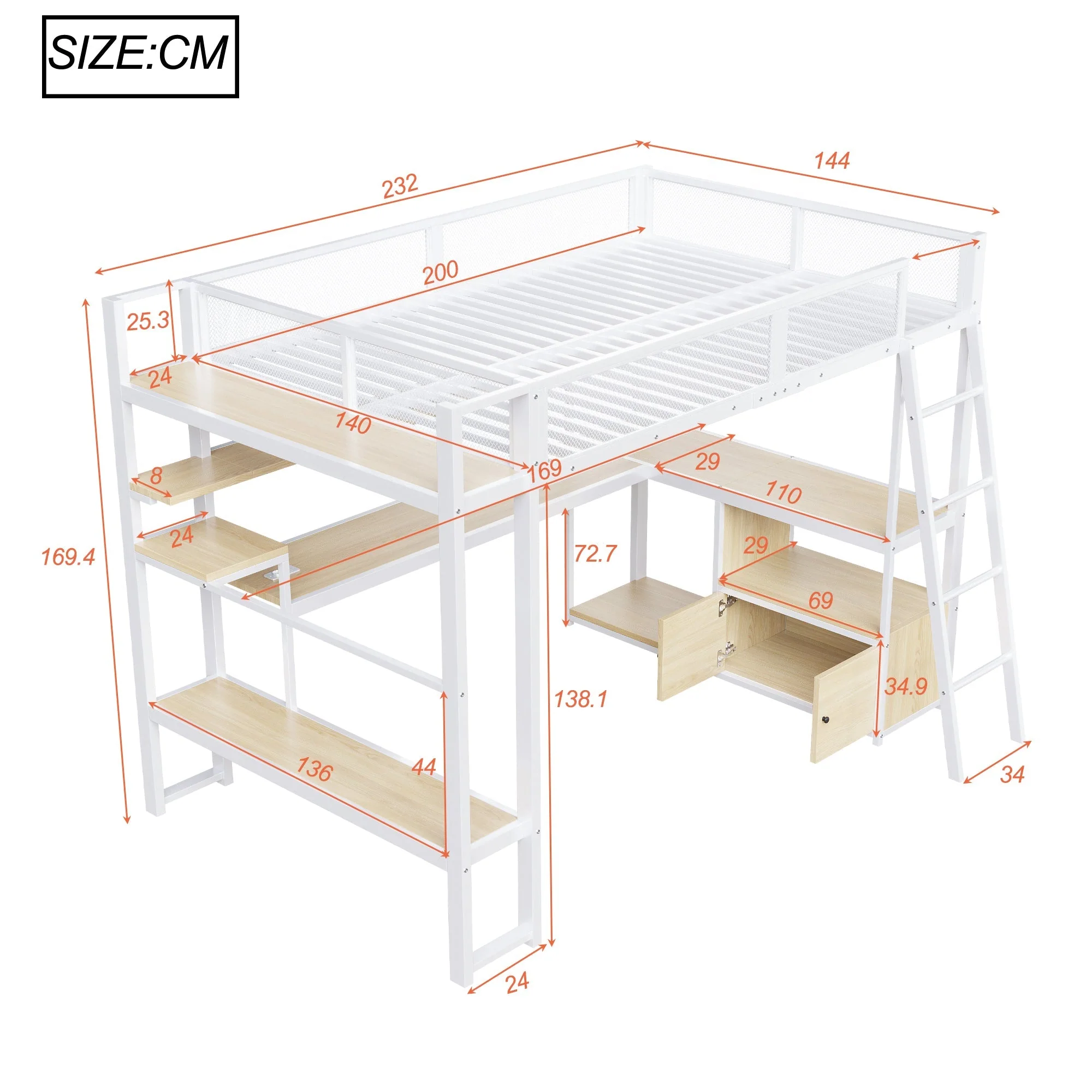 Metal Gaming Loft Bed with Integrated Workspace and LED Lighting, White - Image 5