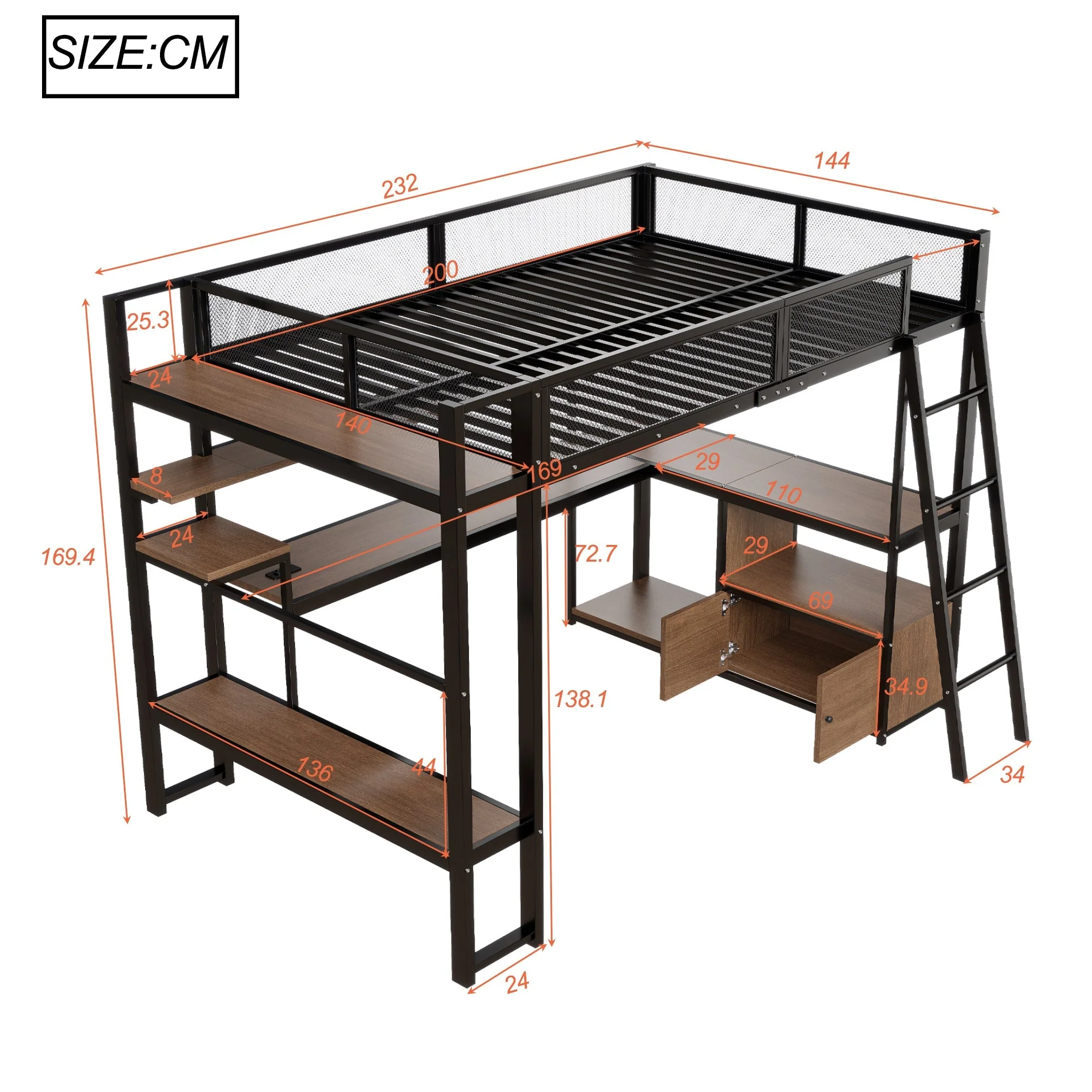 Metal Gaming Loft Bed with Integrated Workspace, LED Lighting and Storage, 140x200cm, Black - Image 5