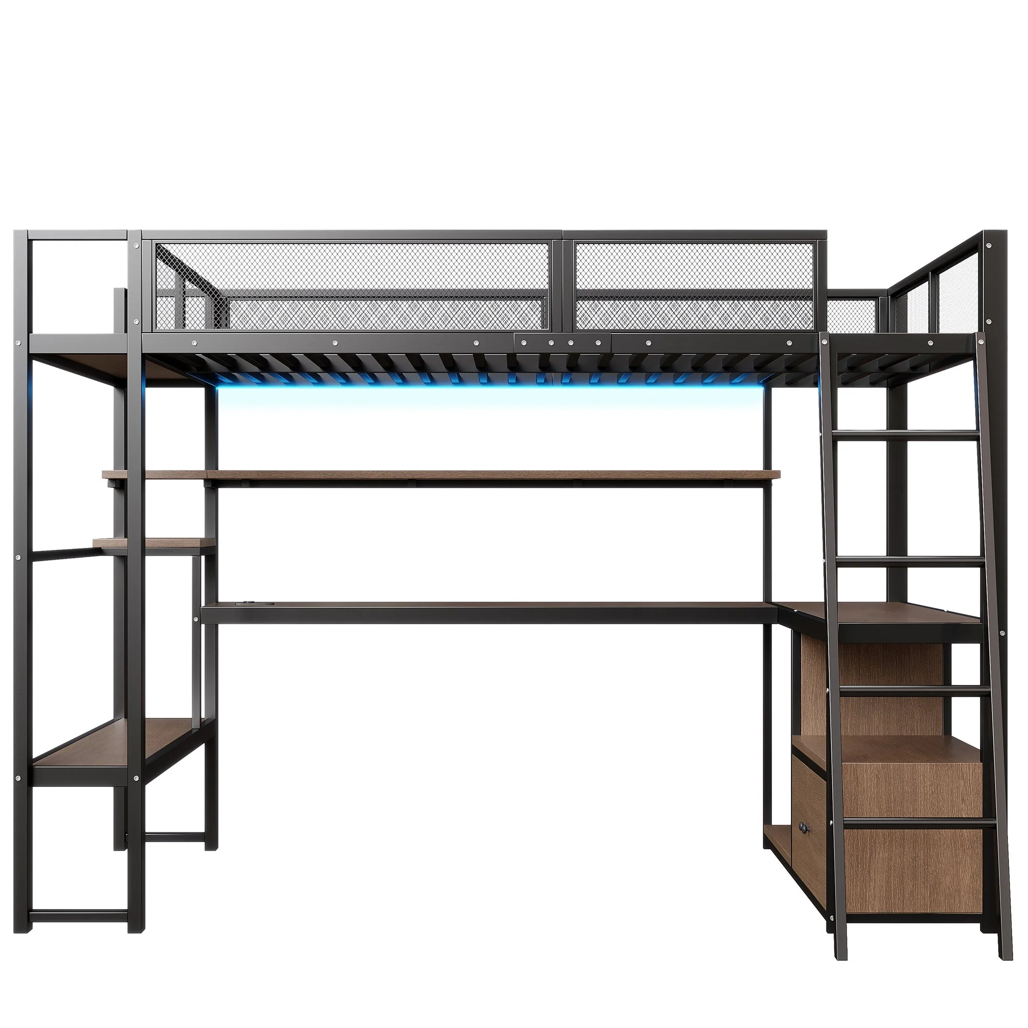 Metal Gaming Loft Bed with Integrated Workspace, LED Lighting and Storage, 140x200cm, Black - Image 6