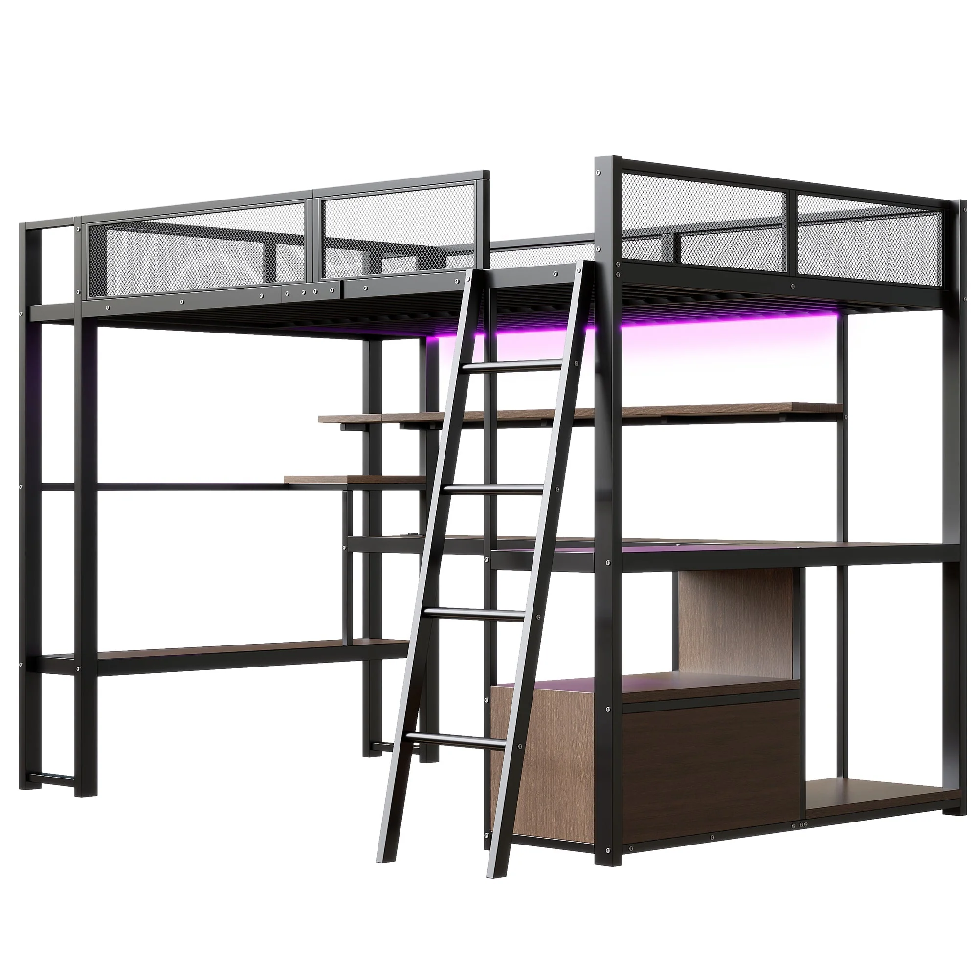 Metal Gaming Loft Bed with Integrated Workspace, LED Lighting and Storage, 140x200cm, Black - Image 8