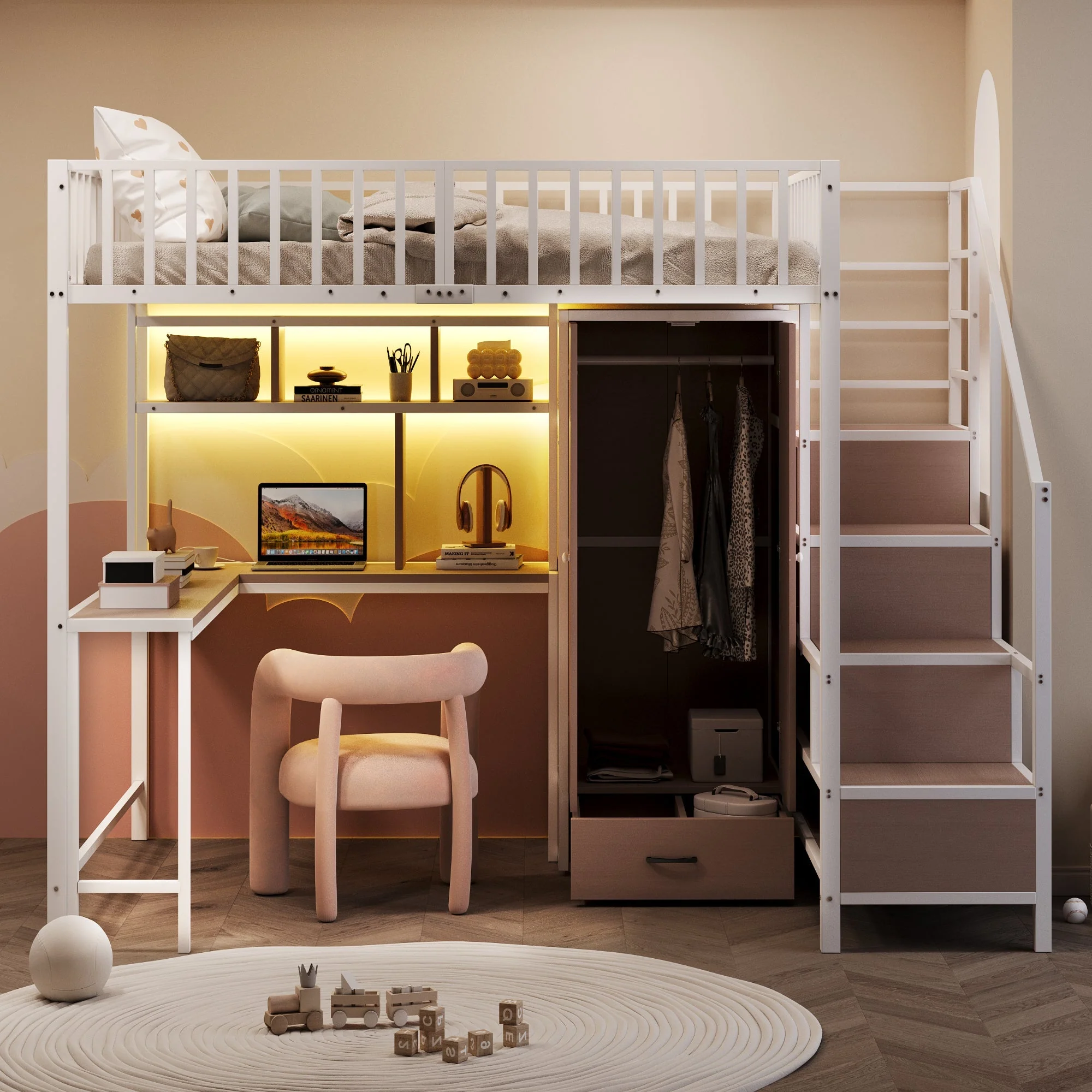 Metal Loft Bed 140 x 200 cm with Desk, Wardrobe, Storage Ladder and LED, White Metal Frame - Image 2