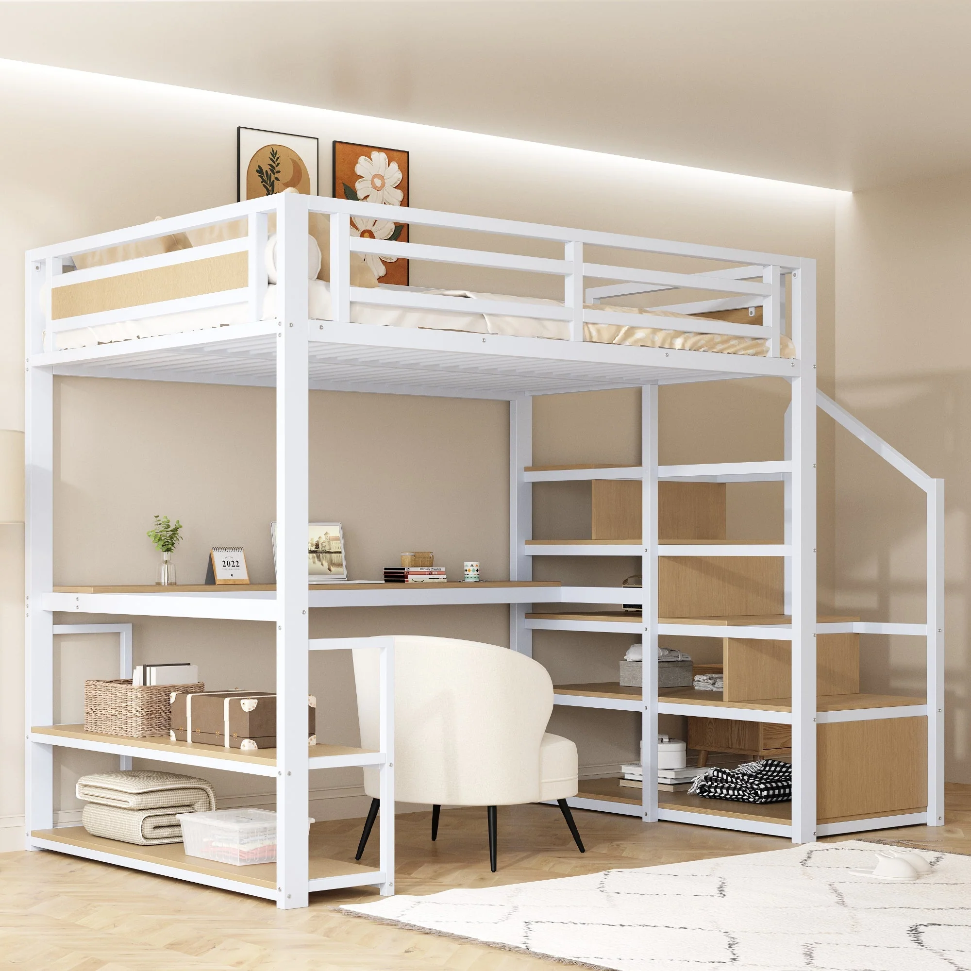 Metal Loft Bed 140x200 Storage Ladder Shelves Table, White - Image 3