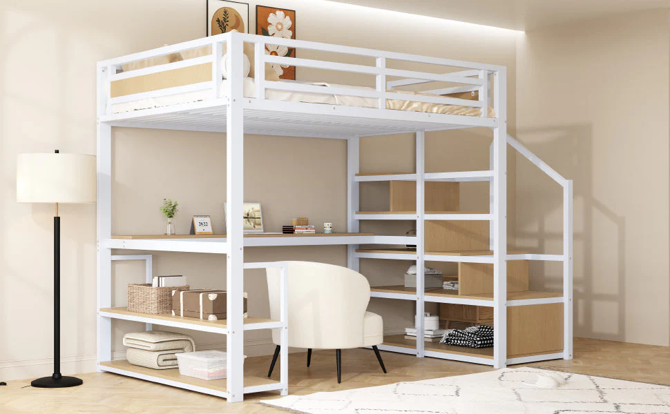 Metal Loft Bed 140x200 Storage Ladder Shelves Table, White - Image 6