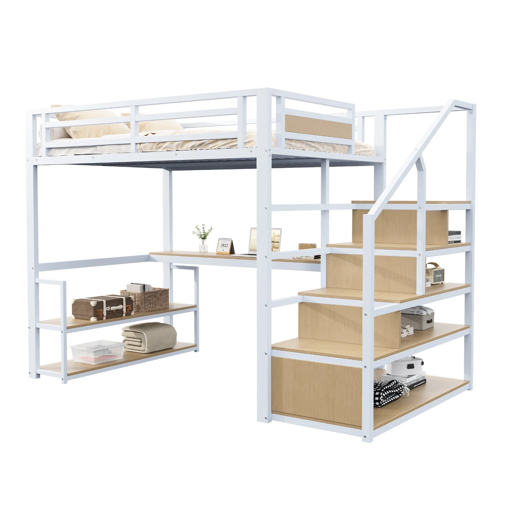Metal Loft Bed 140x200 Storage Ladder Shelves Table, White - Image 7
