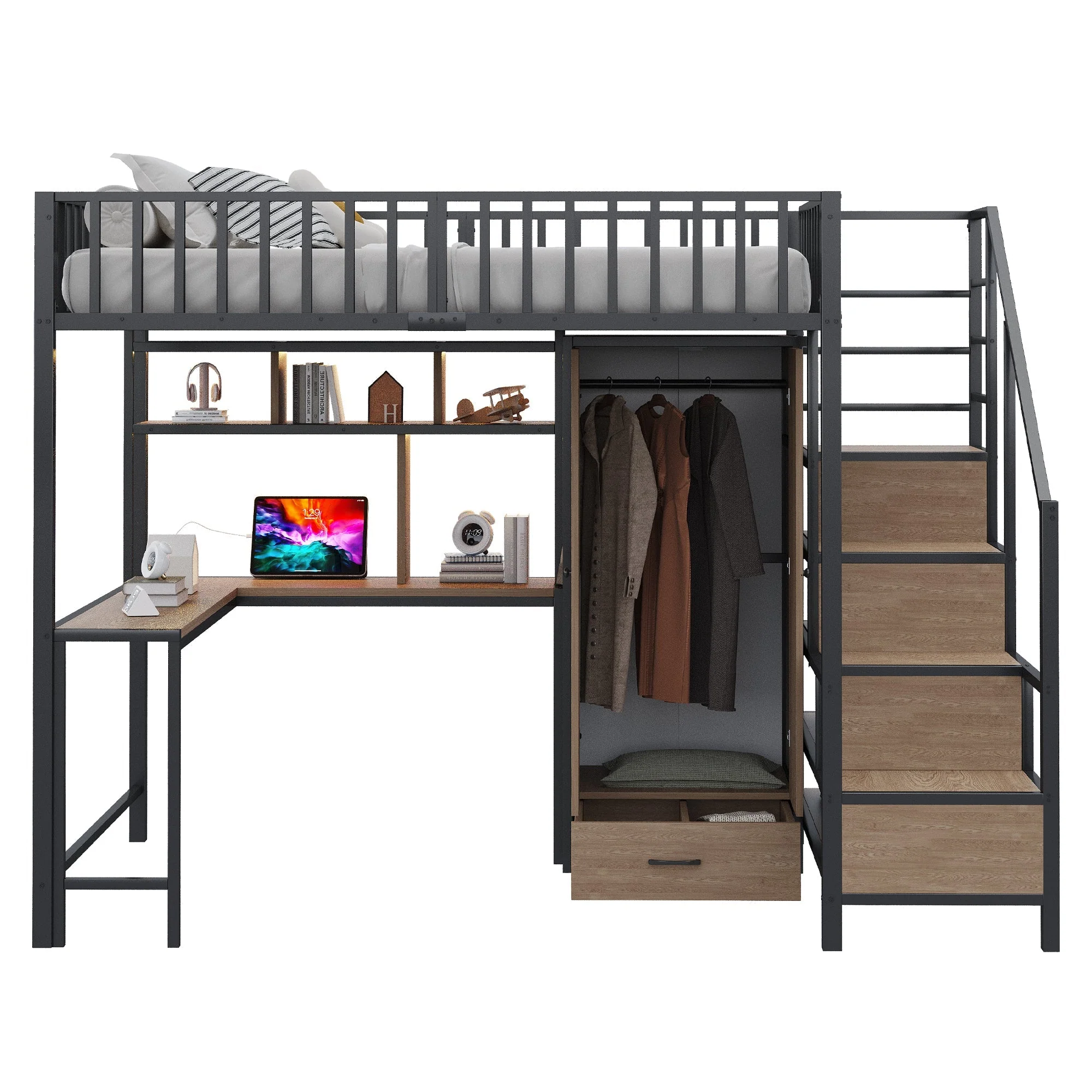Metal Loft Bed 140x200cm Desk Wardrobe Drawers Storage Ladder LED Charging Black - Image 10