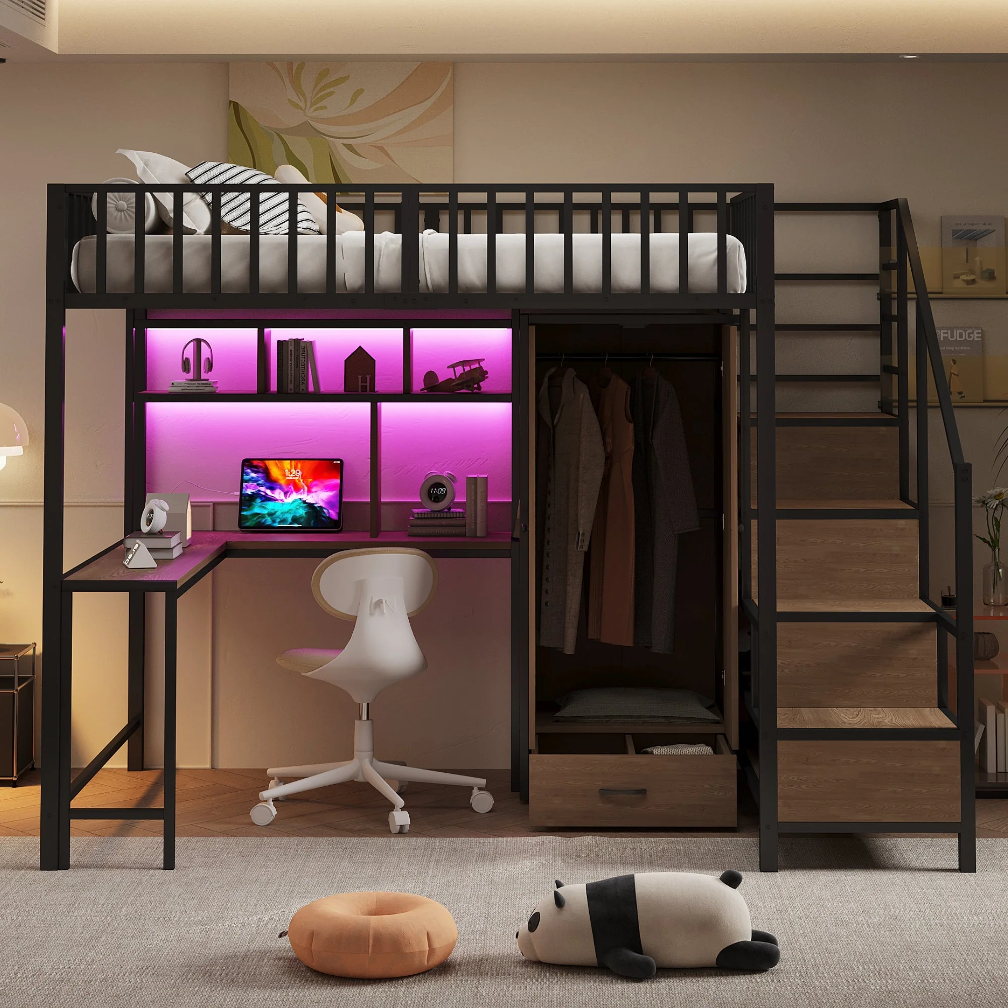 Metal Loft Bed 140x200cm Desk Wardrobe Drawers Storage Ladder LED Charging Black - Image 2