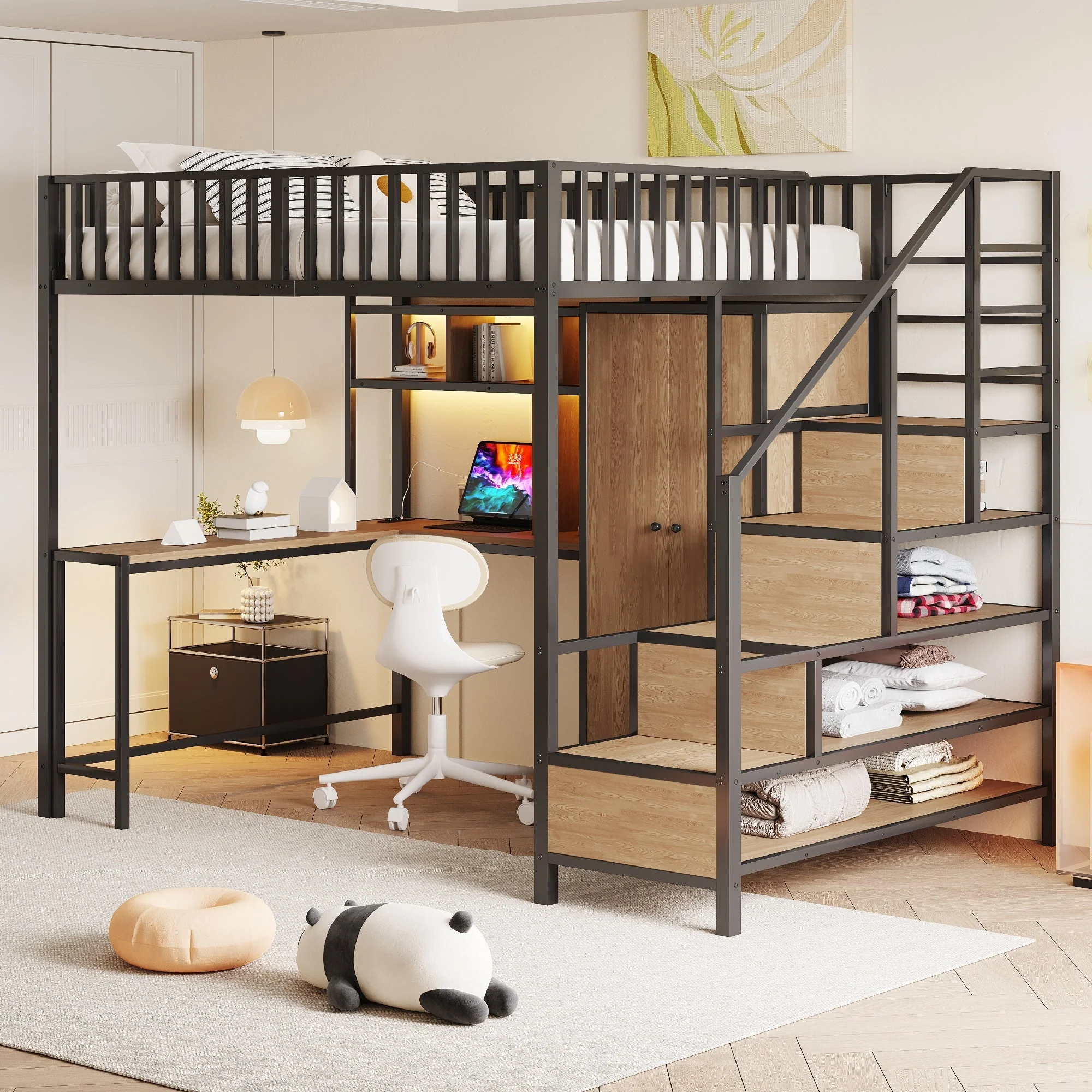 Metal Loft Bed 140x200cm Desk Wardrobe Drawers Storage Ladder LED Charging Black - Image 3