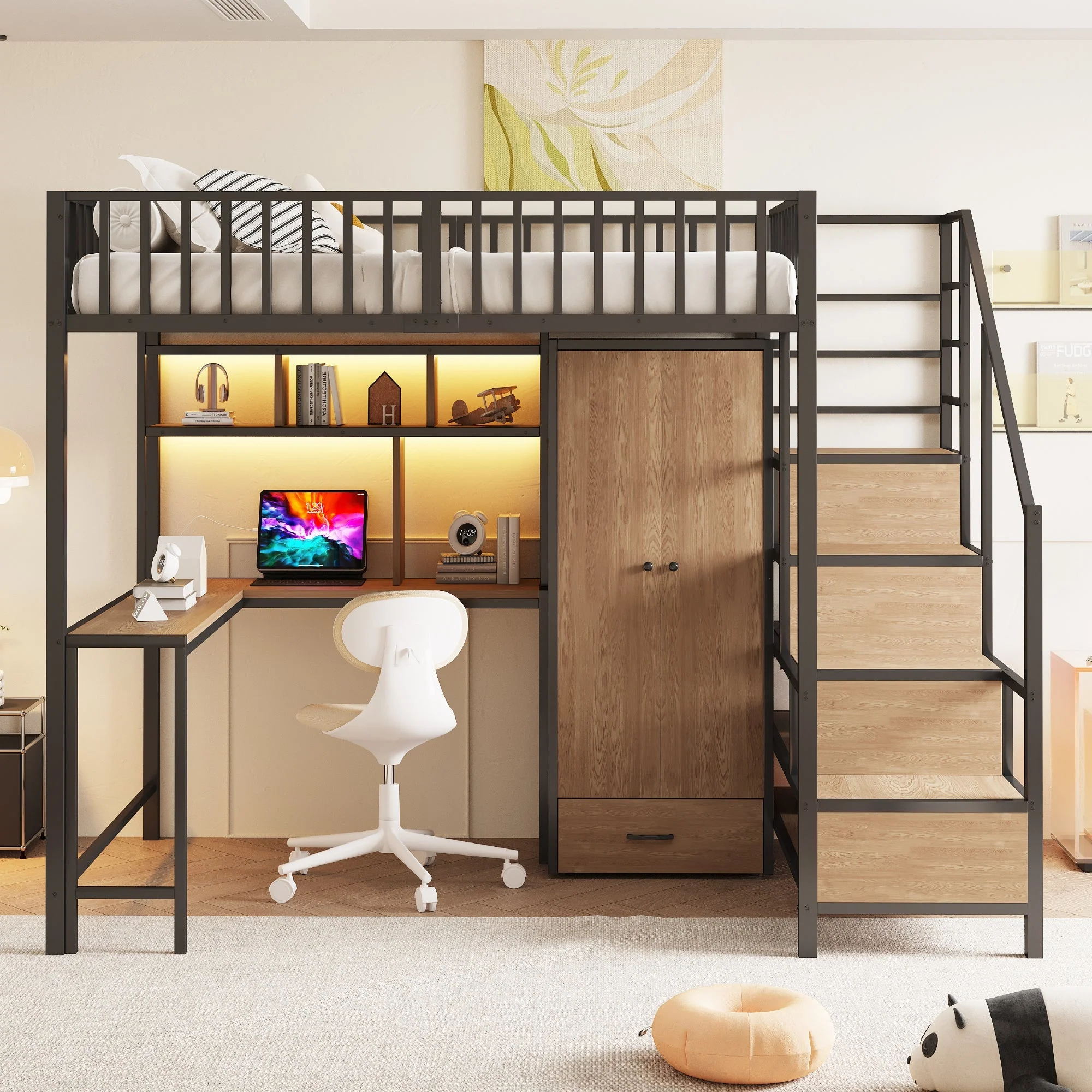 Metal Loft Bed 140x200cm Desk Wardrobe Drawers Storage Ladder LED Charging Black - Image 4