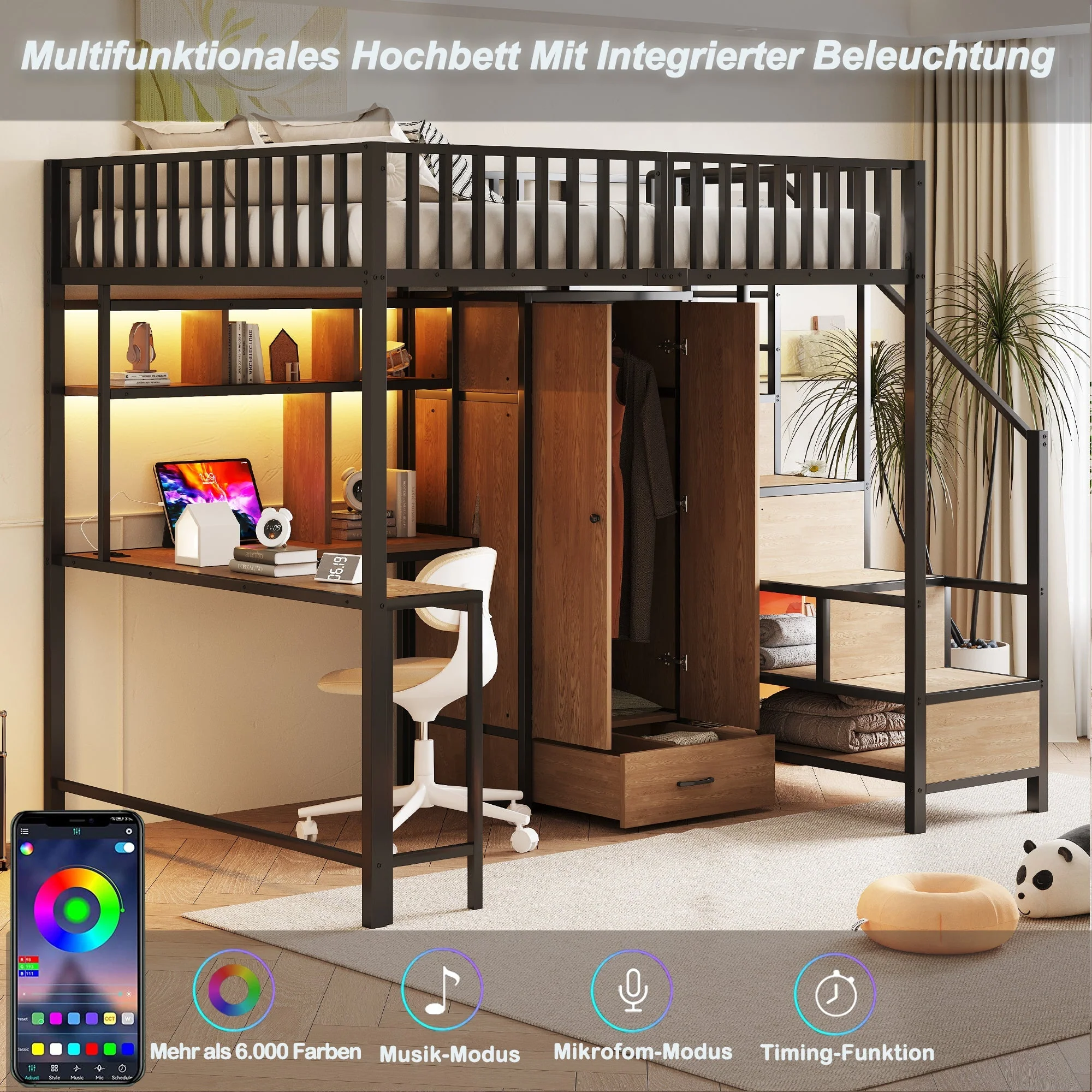 Metal Loft Bed 140x200cm Desk Wardrobe Drawers Storage Ladder LED Charging Black - Image 5