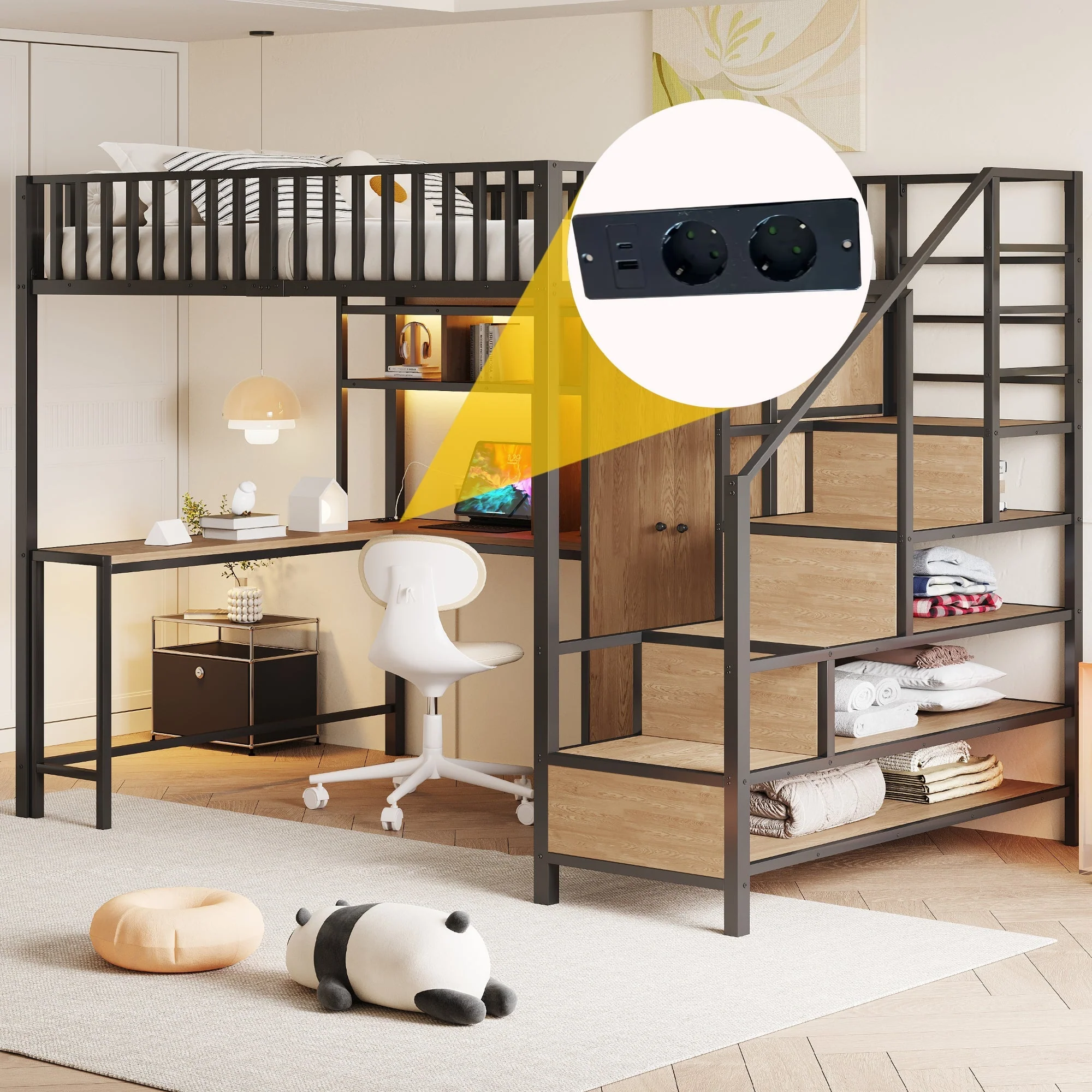 Metal Loft Bed 140x200cm Desk Wardrobe Drawers Storage Ladder LED Charging Black - Image 6