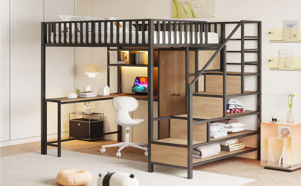 Metal Loft Bed 140x200cm Desk Wardrobe Drawers Storage Ladder LED Charging Black - Image 7