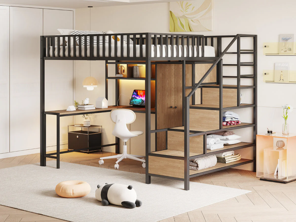 Metal Loft Bed 140x200cm Desk Wardrobe Drawers Storage Ladder LED Charging Black - Image 8