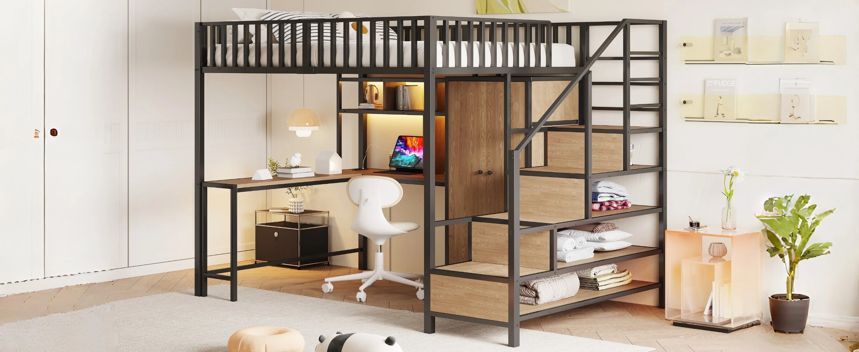 Metal Loft Bed 140x200cm Desk Wardrobe Drawers Storage Ladder LED Charging Black - Image 9