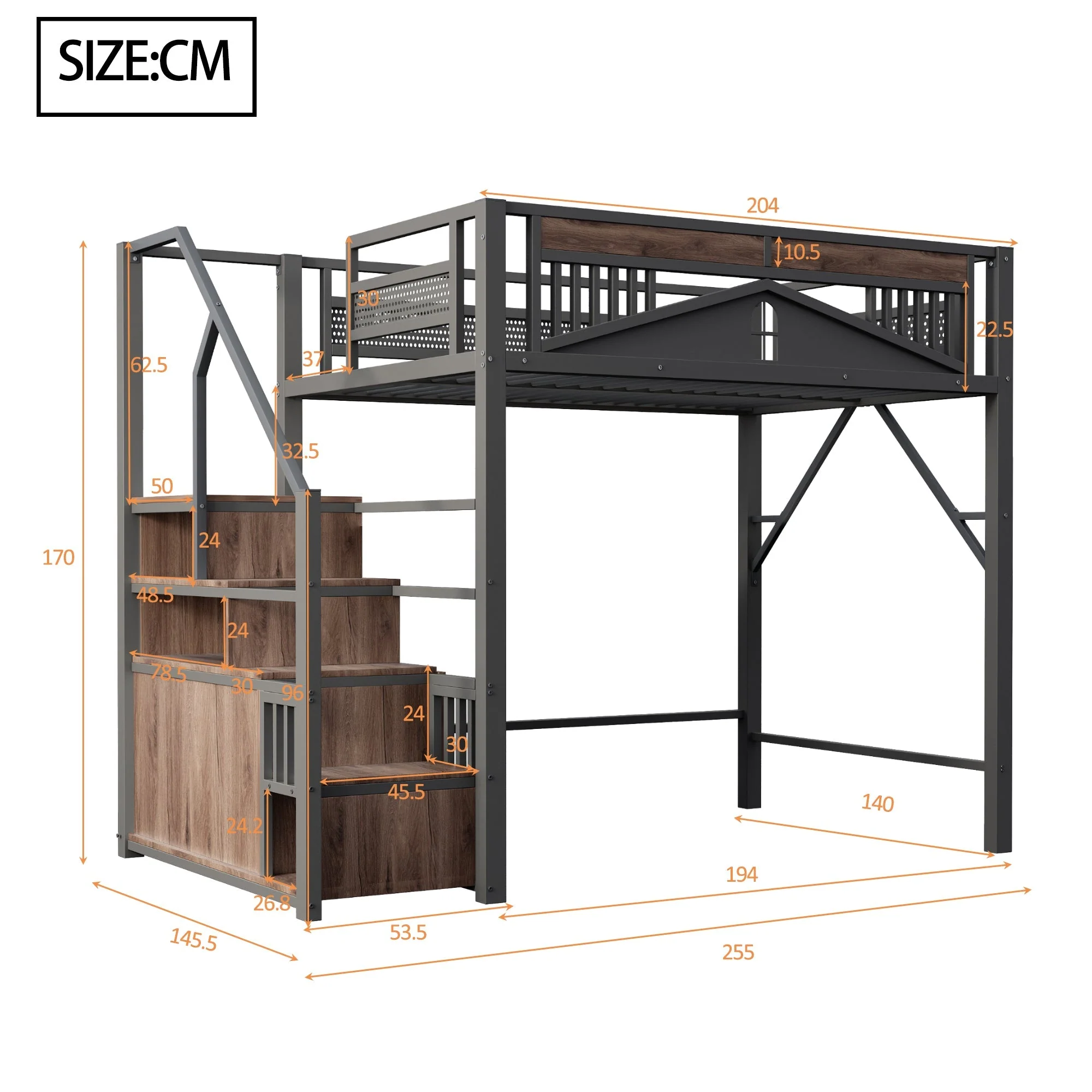 Metal Loft Bed 140x200cm Safety Enclosure with Window Ladder Locker Black - Image 10