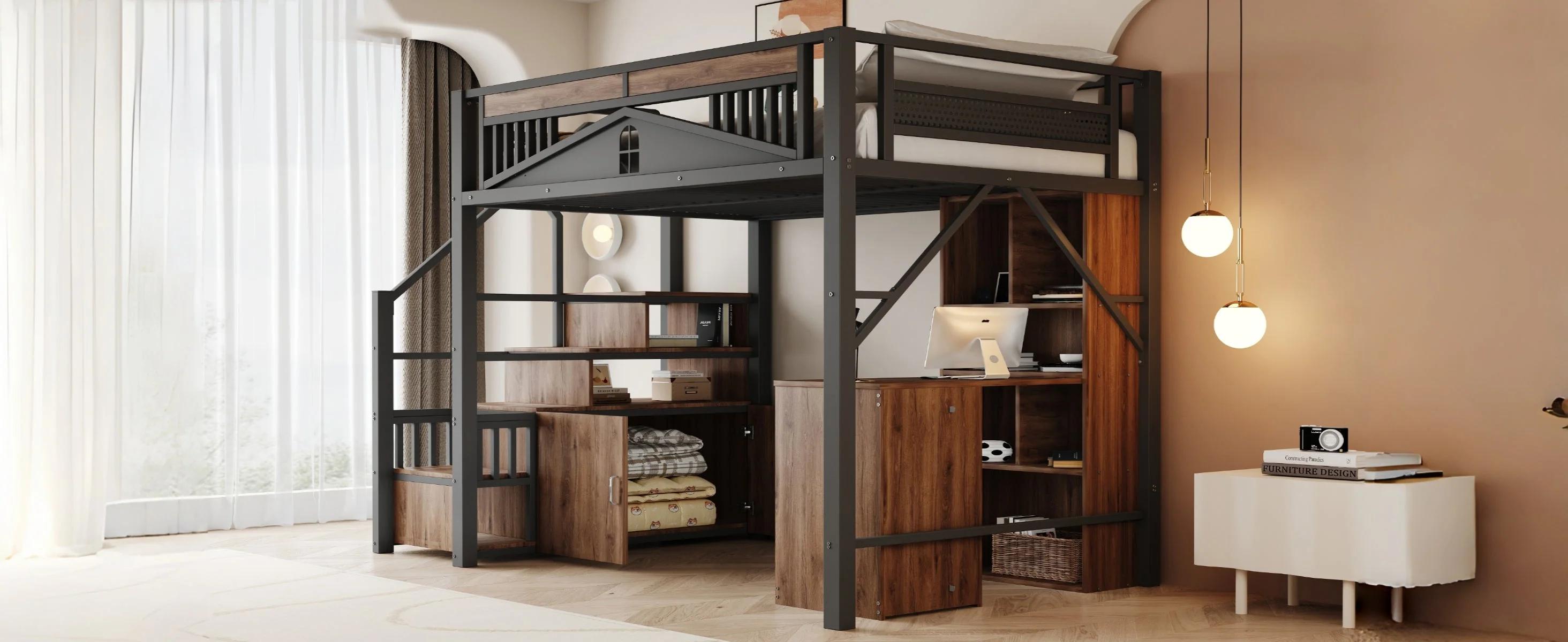 Metal Loft Bed 140x200cm Safety Enclosure with Window Ladder Locker Black - Image 6