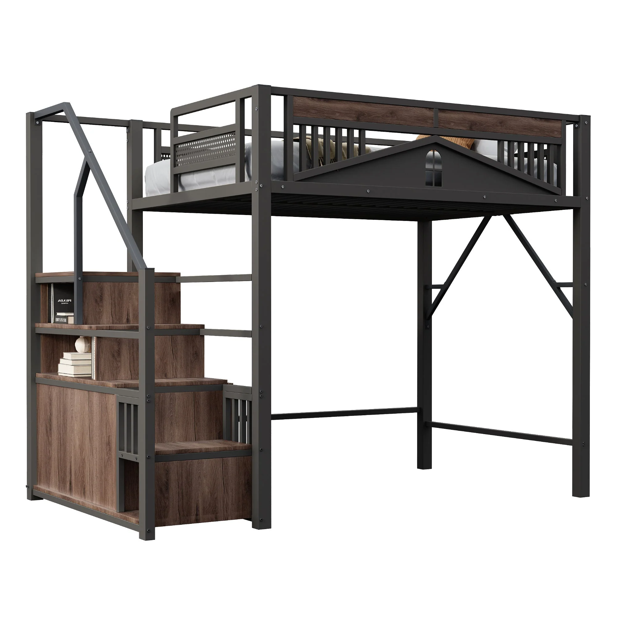 Metal Loft Bed 140x200cm Safety Enclosure with Window Ladder Locker Black - Image 8