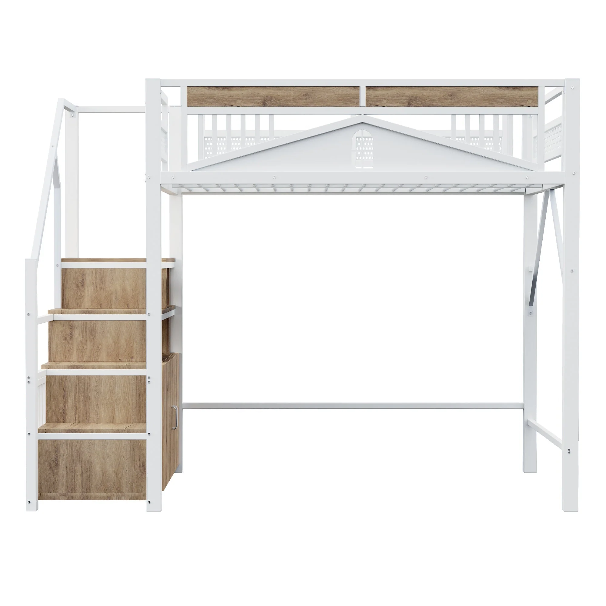 Metal Loft Bed 140x200cm Safety Enclosure with Window & Ladder Locker, White - Image 10